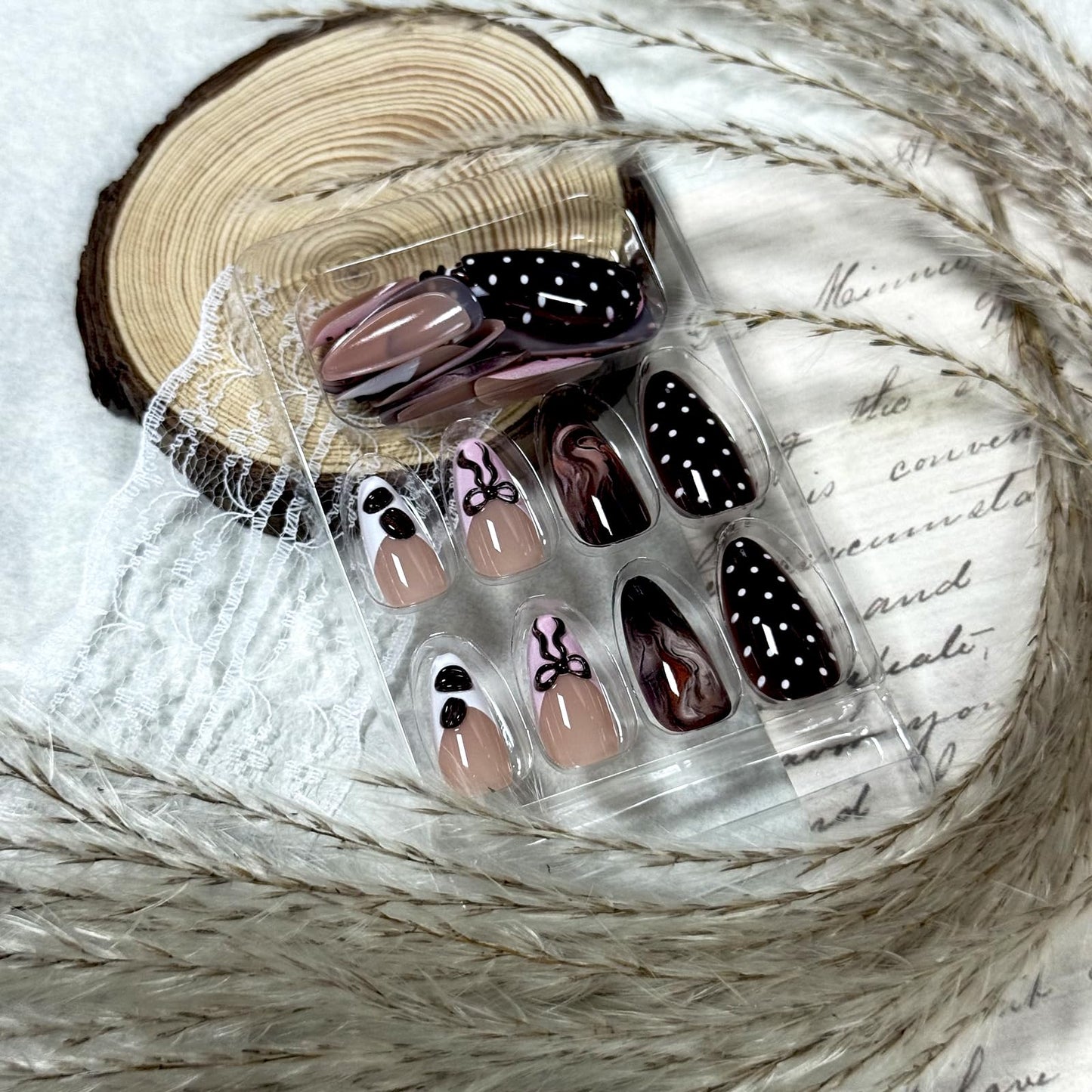 IMRAIN Press on Nails Medium Almond Fake Nails - 3D Bow, Coffee Bean, Polka Dot Design | Pink Brown Glossy Acrylic False Nails Cute French Tip Glue on Nails for Women