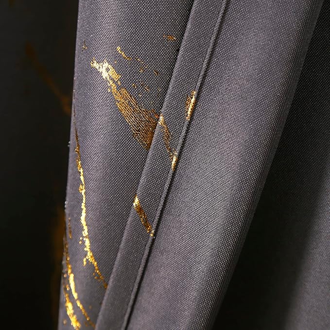 Taisier Home Gold Foil Print Linen Textured Curtains Geometric Marble Pattern Design Curtains for Dollhouse Light Filtering Window Treatment 2 Panels 63" L,Soft Grey and Gold Print