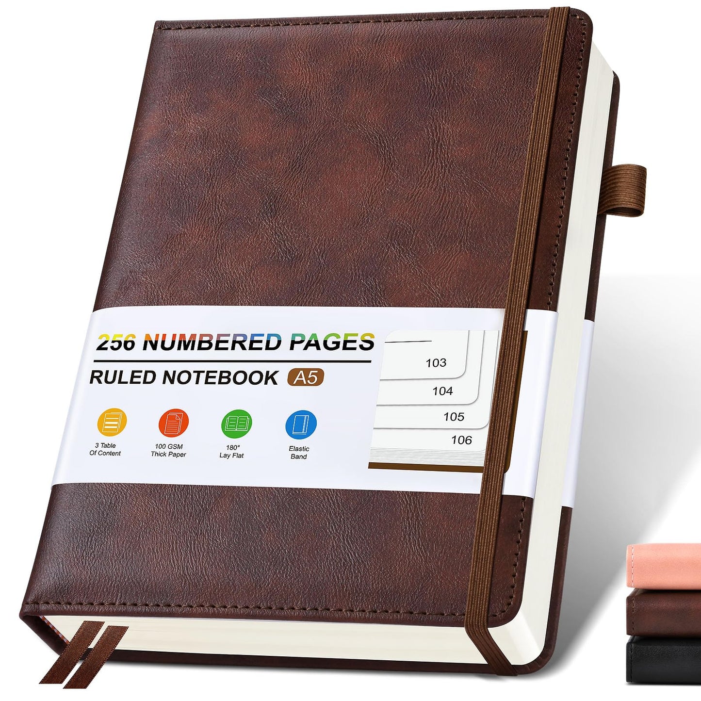Lined Leather Journal Notebook for Men Women, Hardcover Journals with 256 Numbered Pages, A5 Journaling Notebooks for Writing, 100GSM Thick Ruled Paper for Business Work School 5.75"×8.38", Brown