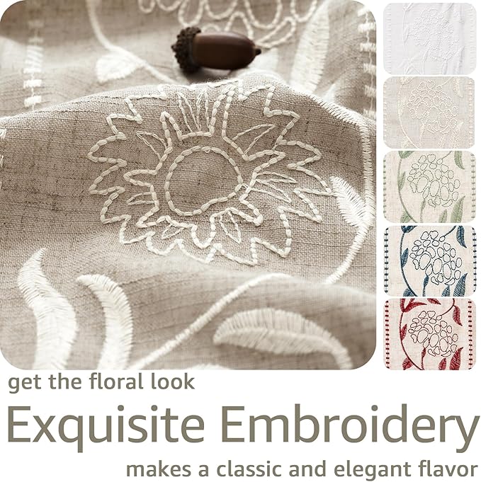 jinchan Winslow Linen Curtains for Bedroom 96 Inches Length Embroidered Bordered Floral Curtains for Living Room Farmhouse Decor Light Filtering Window Treatments Ivory on Taupe Drapes 2 Panels