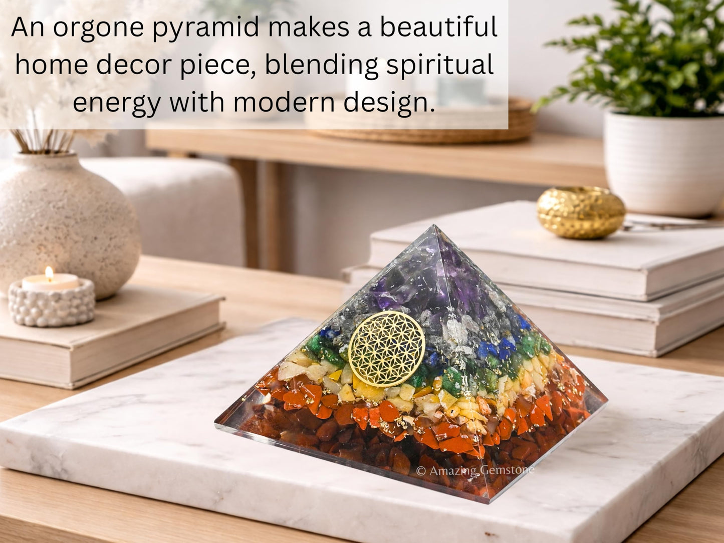 Amazing Gemstone Large Orgone Pyramid | Natural Chakra Pyramid Crystal | Flower of Life Orgonite Pyramid | Organ Pyramids Positive Energy Healing