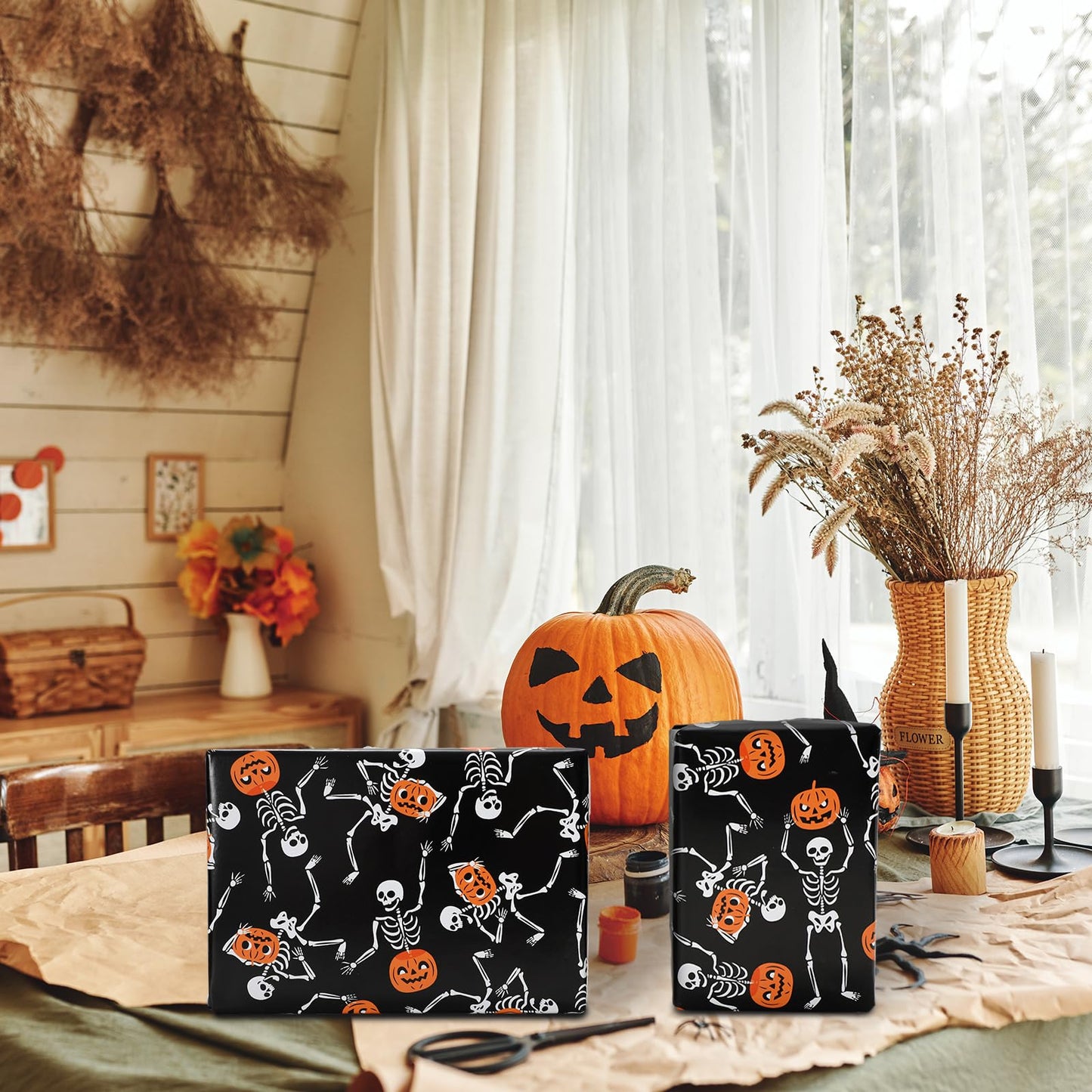 Whaline Halloween Wrapping Paper -Mini Roll- 17 Inch x 32.8Ft Black Dancing Skeleton Pumpkin Gift Wrap Paper Spooky Art Paper for Birthday DIY Crafts