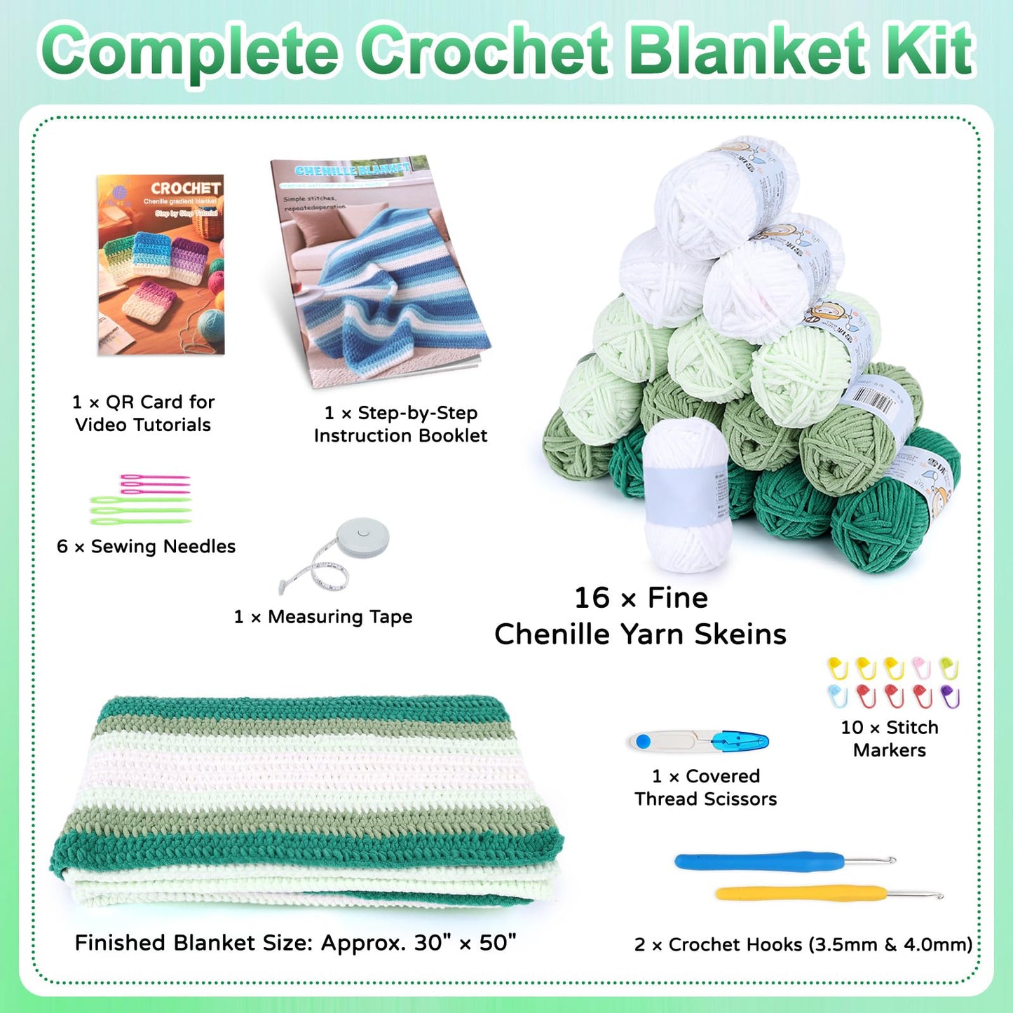 Reessy Crochet Blanket Kit for Beginners Adults – Gradient Green Ombre Throw Blanket Kit with Soft Chenille Yarn, Hooks & Instructions – Handmade Crochet Starter Set for Adults