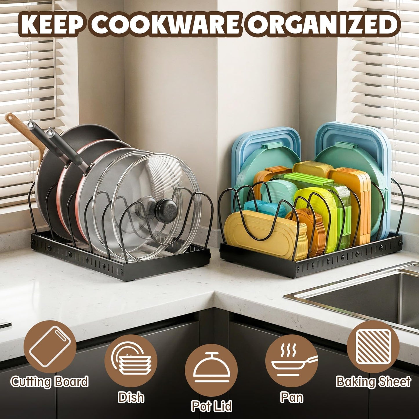 2PACK Pot Lid Organizers Inside Cabinet for Kitchen, Pots and Pans Organizer Under Cabinet with 16 Adjustable Dividers, Countertop Lid Holder, Rust-Resistant, Tool-Free Installation, Easy to Clean