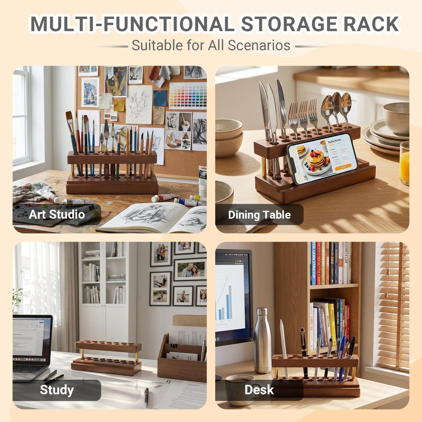 LUMRRSK Pencil & Pen organizer for Desk,Wooden pen holder with Phone Stand for Office & Home,Solid Walnut Pencil Display Stand (Double-row - Walnut)