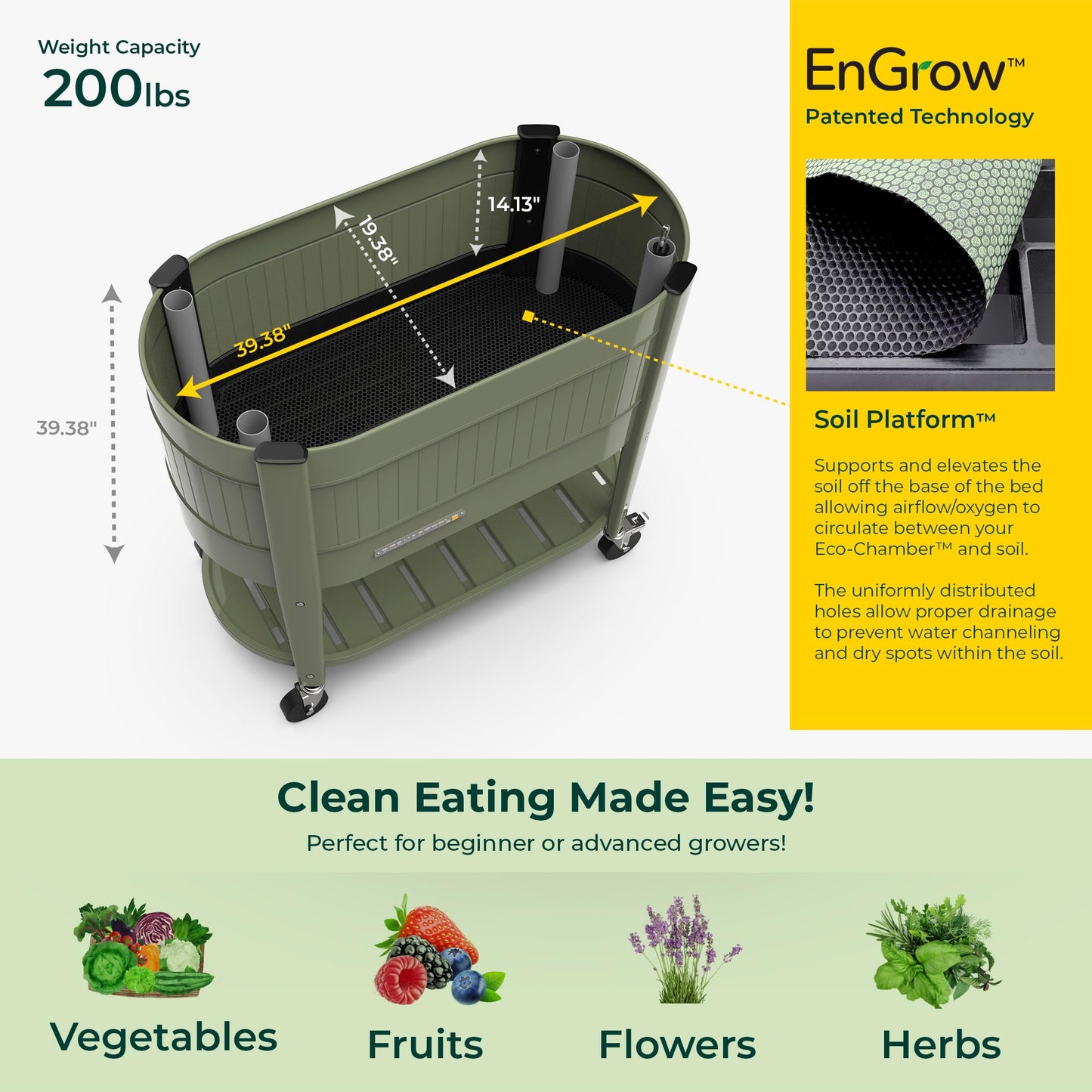 Permasteel Raised Garden Bed with Legs, Planter Box with EnGrow™ TrueSoil™ Technology for Vegetables, Flowers, Herbs, and Fruit, Outdoor Indoor, Storage Shelf, Caster Wheels, Green