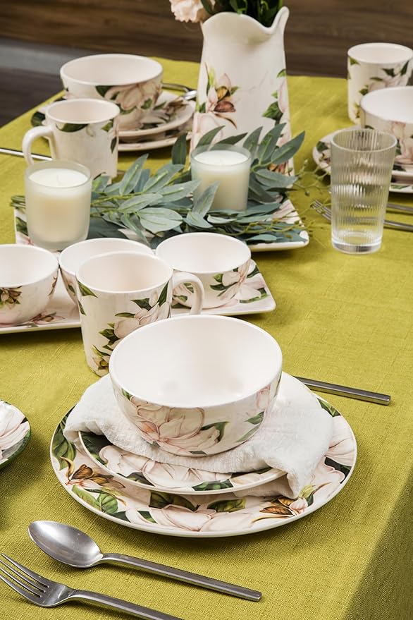 Bico Magnolia Floral Salad Plates Set of 4, 8.75 Inch Ceramic Dessert Plates for Salad, Appetizer, Side Dishes, Microwave and Dishwasher Safe, Gift for Housewarming and Thanksgiving