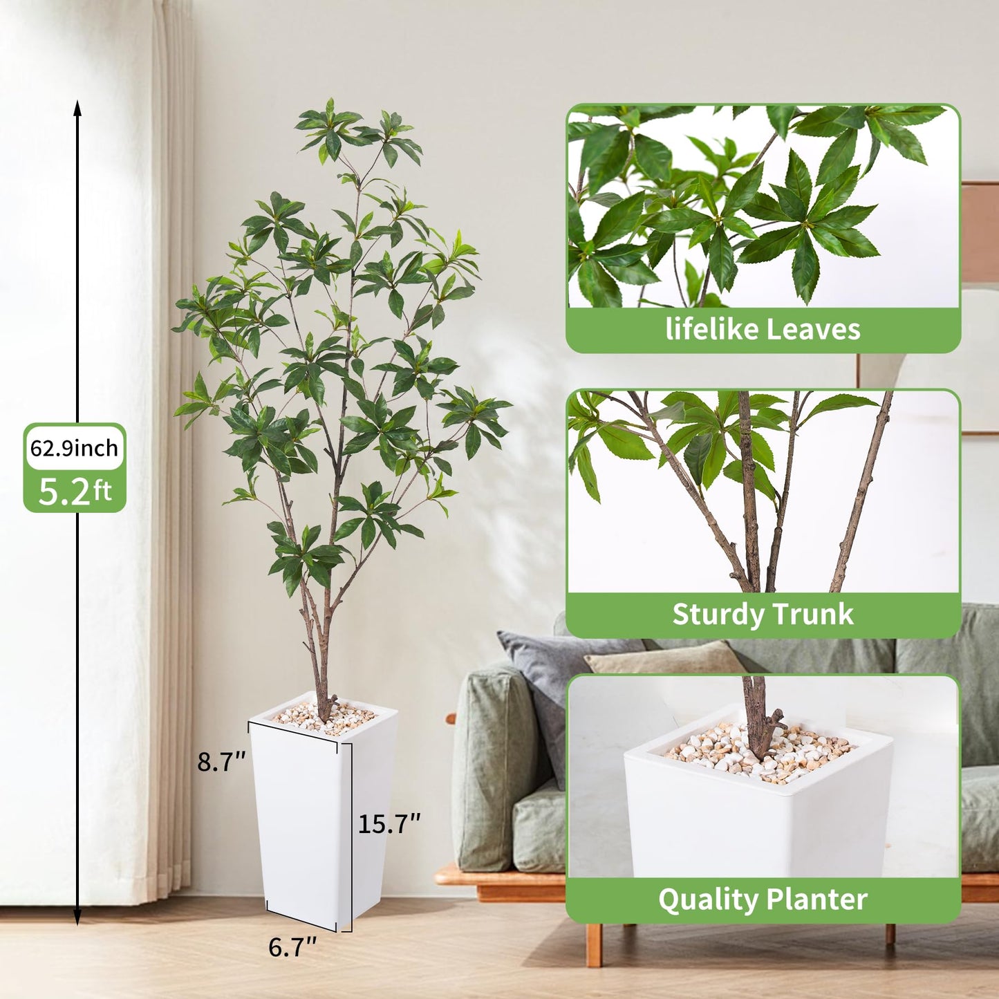 HAIHONG Artificial Brave Ficus Tree 5FT-Faux Tree with White Tall Planter-Fake Potted Tree with Silk Leaves-Tall Artificial Plants for Home Office Living Room Hallway Decor Indoor