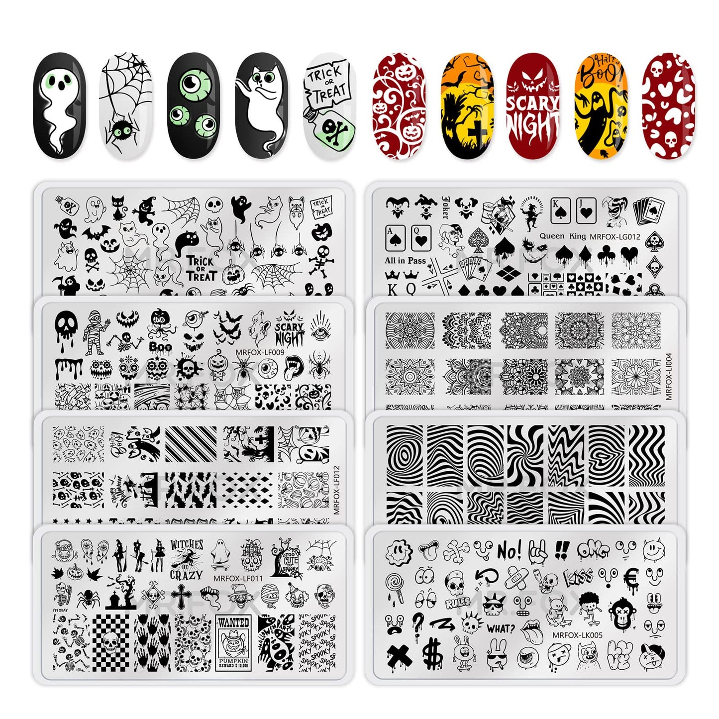 8PCS Halloween Nail Stamping Plates, Pumpkin Skull Bat Poker Image Stainless Steel Stencil, DIY Nail Art Template Tools