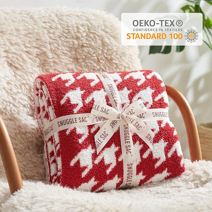 Snuggle Sac Christmas Red Houndstooth Throw Blanket for Couch, Reversible Super Soft Warm Blankets Cozy Knit Fuzzy Plush Lightweight Throws for Sofa Bed Houndstooth Red, 50x60 inches