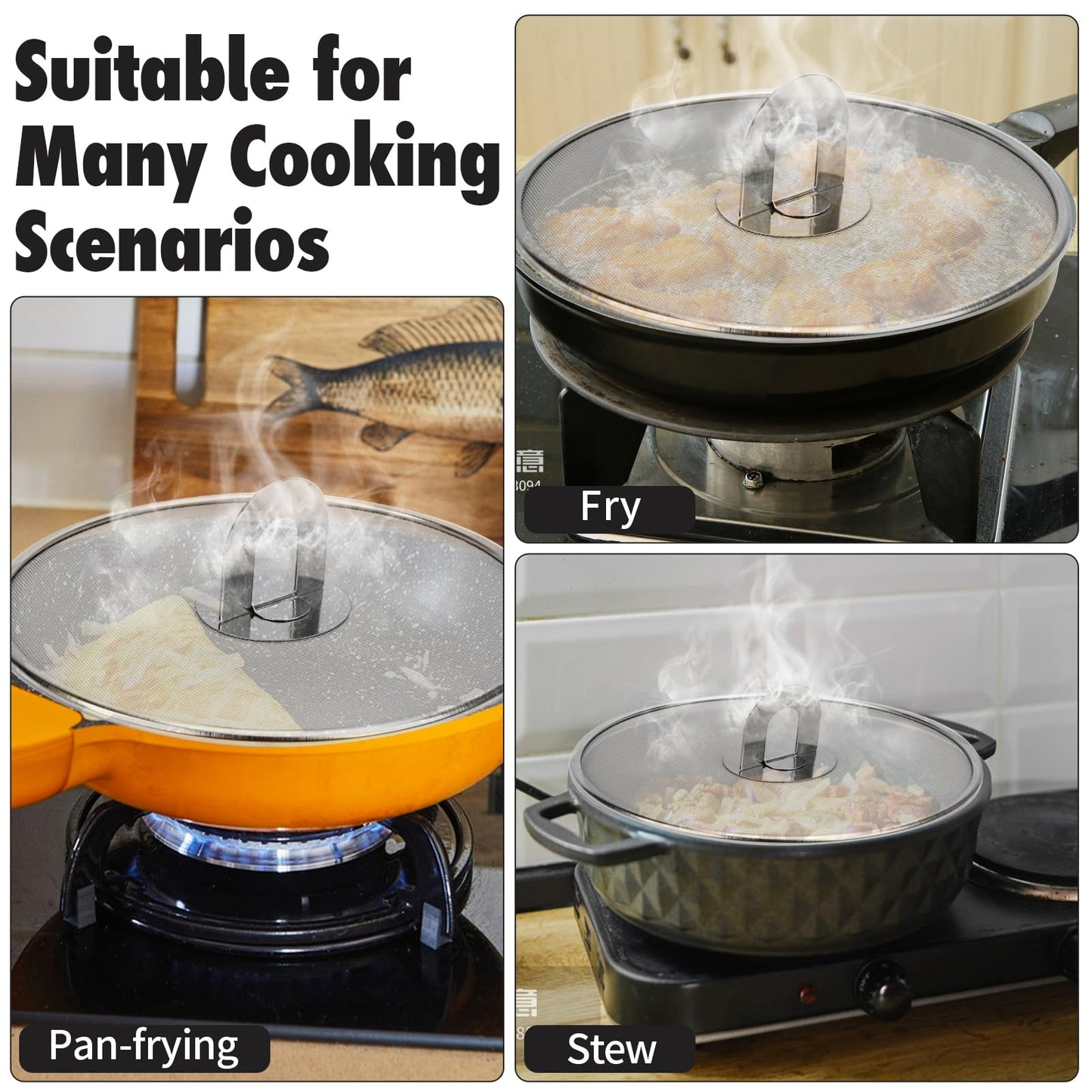 MOAMUN 4PCS Splatter Screen for Frying Pan, Stainless Steel Grease Splatter Guard, Hot Oil Splatter Screen with Foldable Knob, Ultra-Fine Mesh No Burns Keeps Kitchen Clean(8", 10", 11.5", 13")