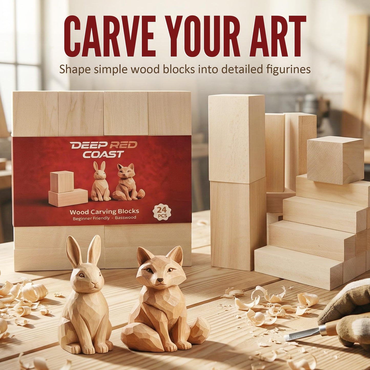 Basswood Carving Blocks 24PCS, Wood Carving Kit for Beginners & Kids, Soft Basswood Whittling Blocks with 3 Sizes (4"x1"x1", 2"x2"x2", 4"x2"x2"), Ideal for Crafts, Sculptures, DIY Projects