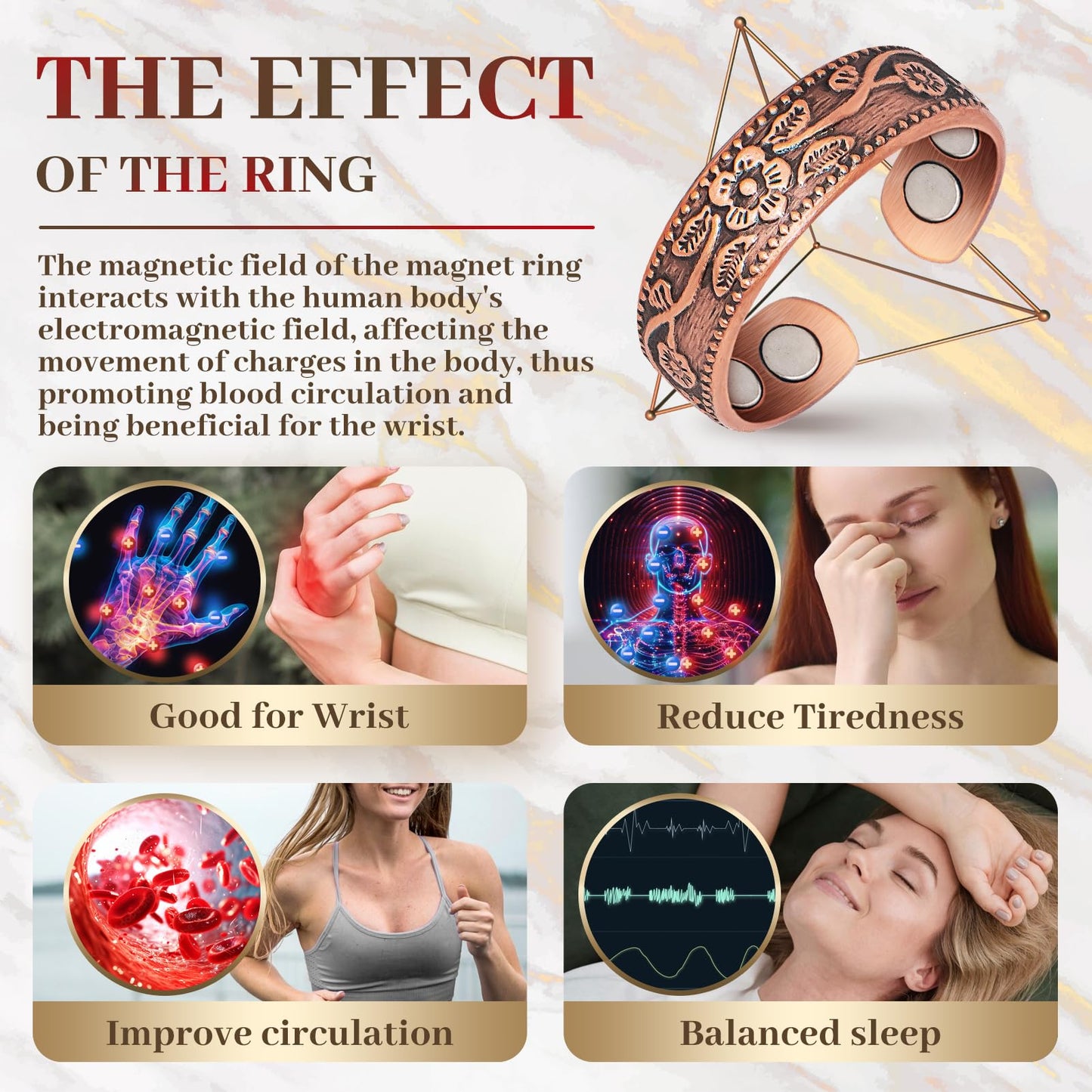 Auramag Copper-Flower Magnetic Rings, 99.99% Pure Copper, 2 Count, One Size, Open Circle, Female, 0 Carats, 3500 Gauss, Lymph Drainage & Blood Circulation, Gift Box & Cloth Included