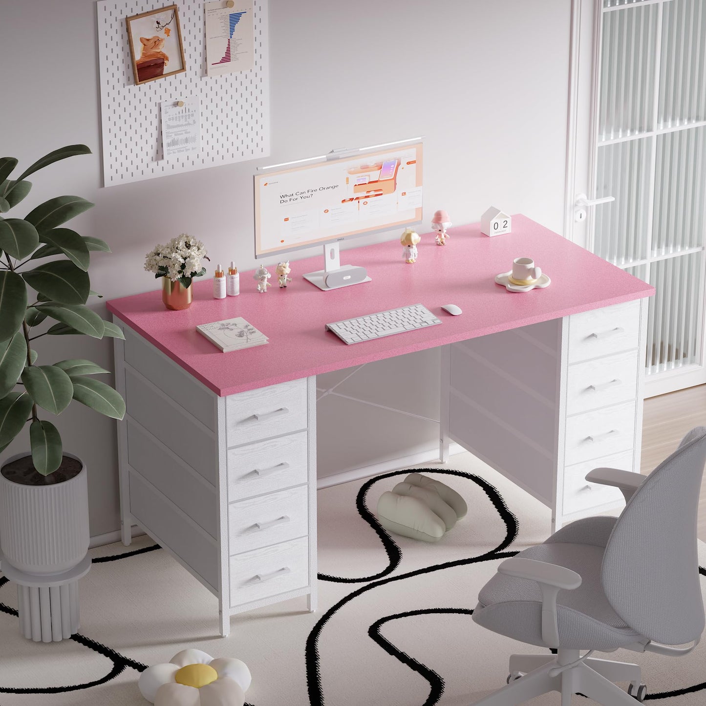 Pamray 47 Inch Computer Desk with 8 Fabric Drawers PC Gaming Desk Home Office Study Work Writing Table for Bedroom Pink