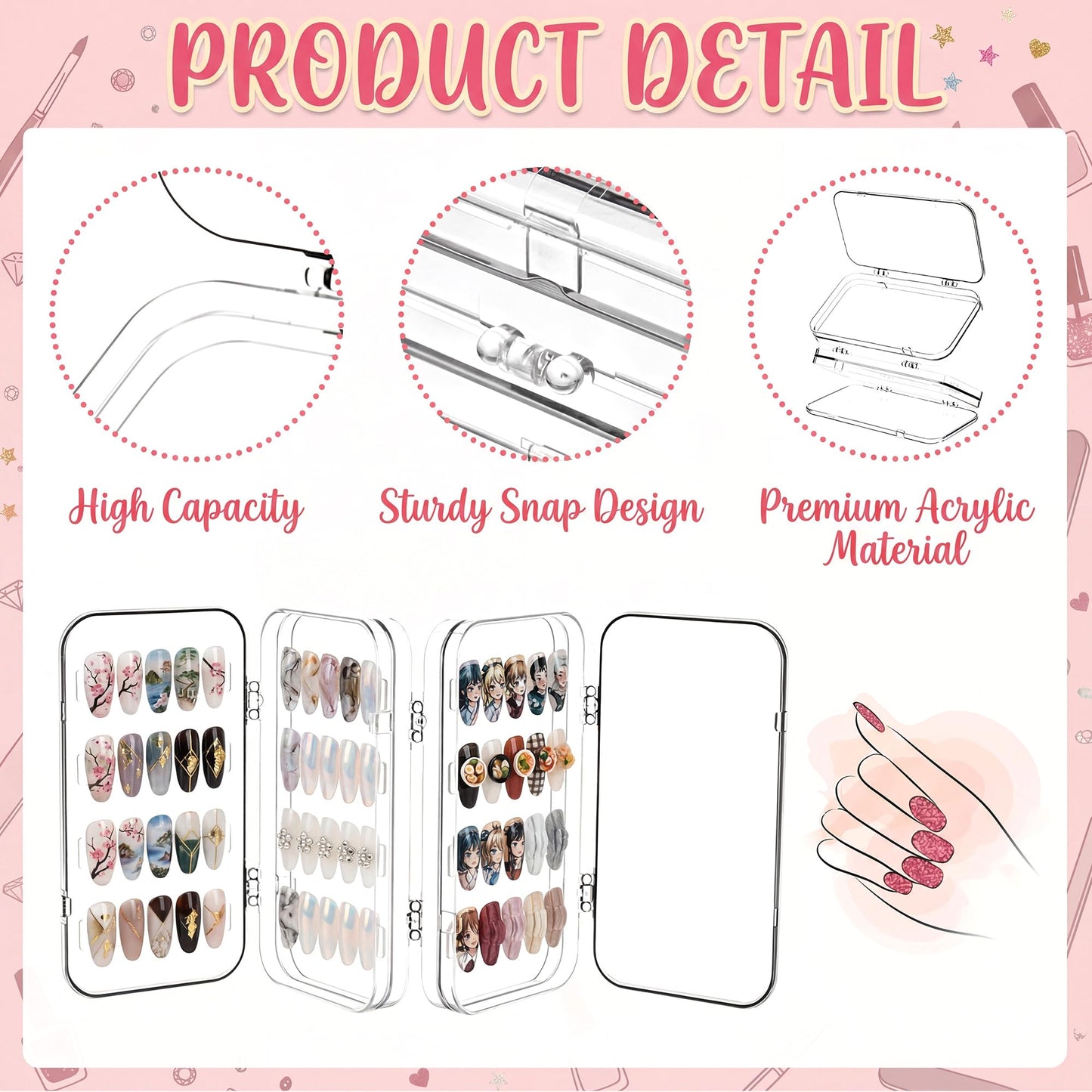 Ferrochef 2 Pcs Tri-Fold Press on Nail Storage with 60 Pcs Adhesive Double Sided Tape 4-Page Portable Box Clear Acrylic Press on Nail Stand Book Holder Packaging Cases for Display Salon Supplies
