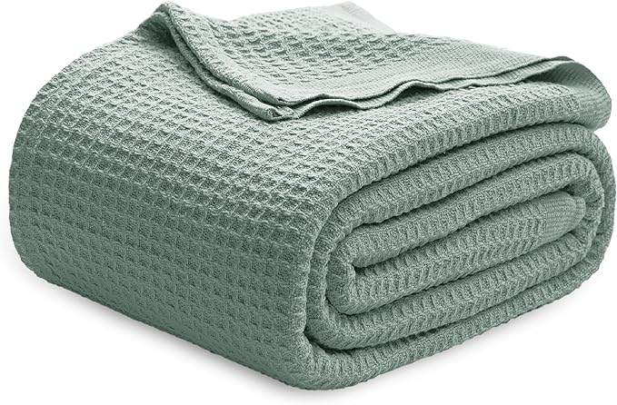 Bedsure 100% Cotton Blanket King Size for Bed - Breathable and Soft, Waffle Weave Blanket for Summer Spring, Sage Green, 104x90 inches