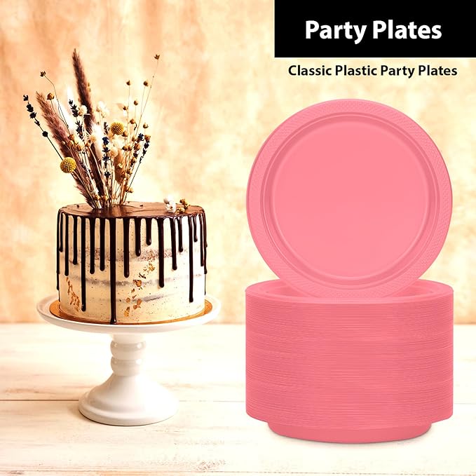 Hanna K. Signature Pink Plastic Plates - 7 Inch, 600 Count - Solid Round Party Plates for Weddings, BBQs & Birthdays