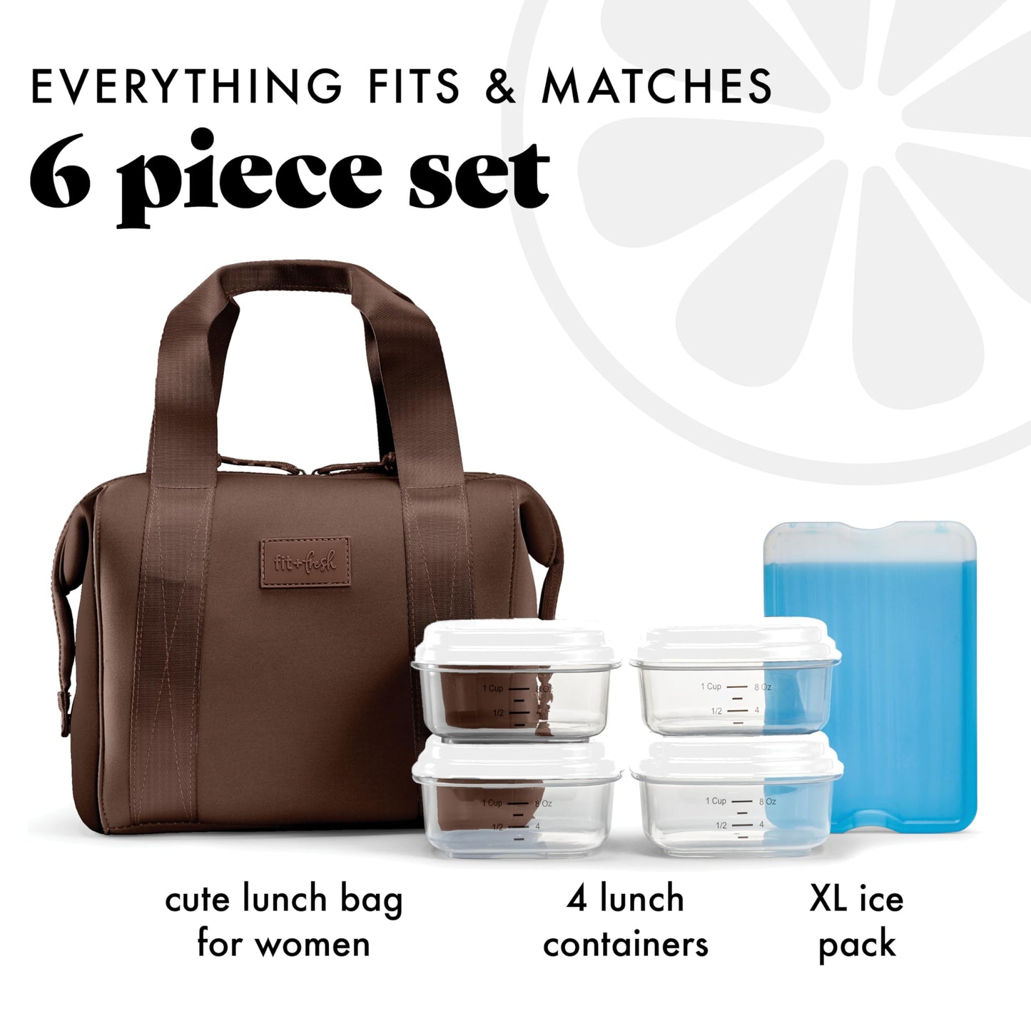 Fit & Fresh Remi Lunch Bag for Women Work – Neoprene Lunch Tote with Containers & Ice Pack, Reusable Meal Prep Lunch Box, Large Capacity, Machine Washable, Chocolate