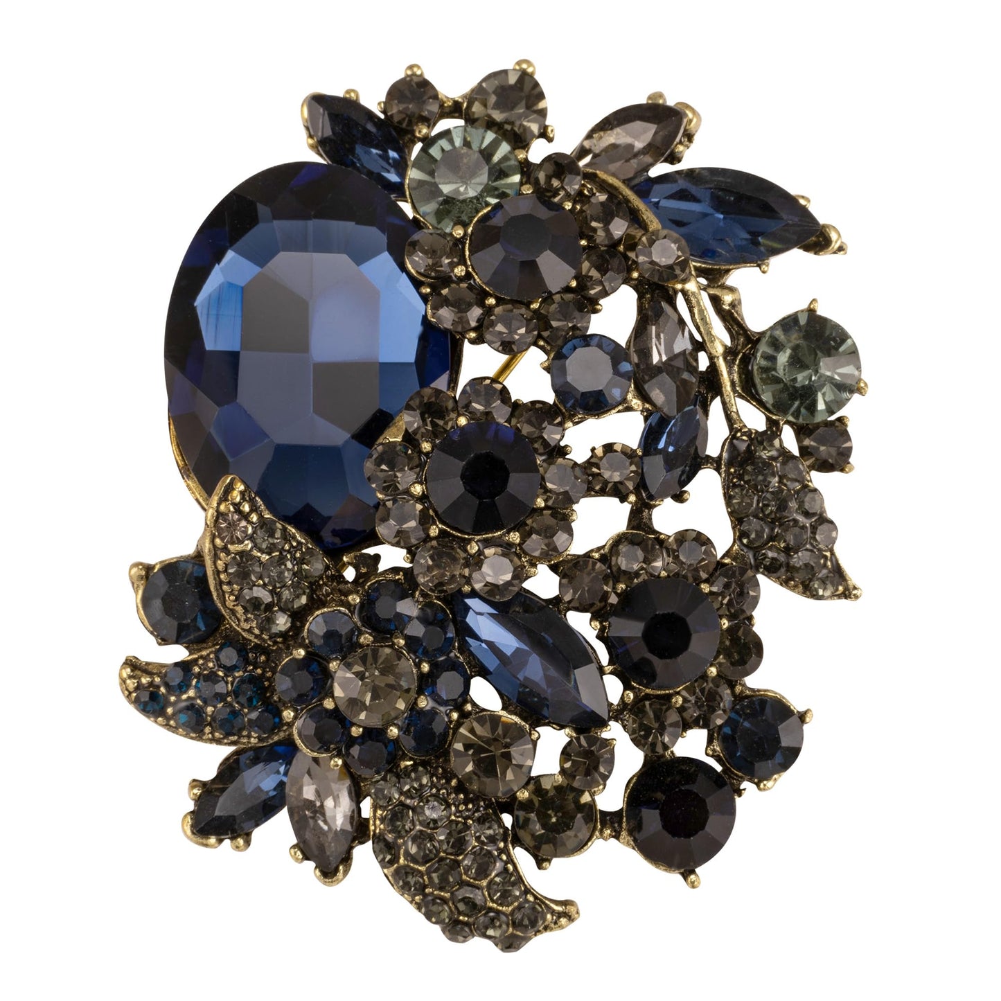 SELOVO Statement Blue Rhinestone Crystal Leaf Broach Brooch Pin Vintage Gold Tone