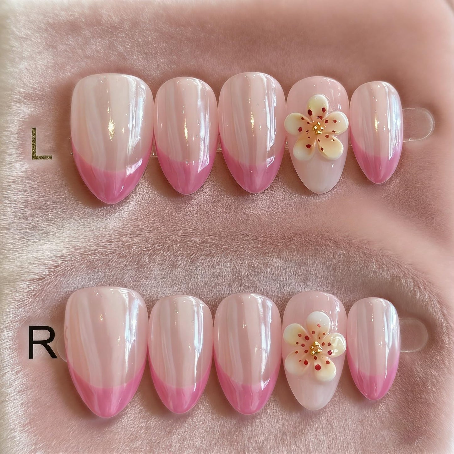 Hand made Press on Nails Medium Pink French Tip Almond Shape Glossy Finish 3D Flower Charms Fake Nails for Women 10 Count M Size