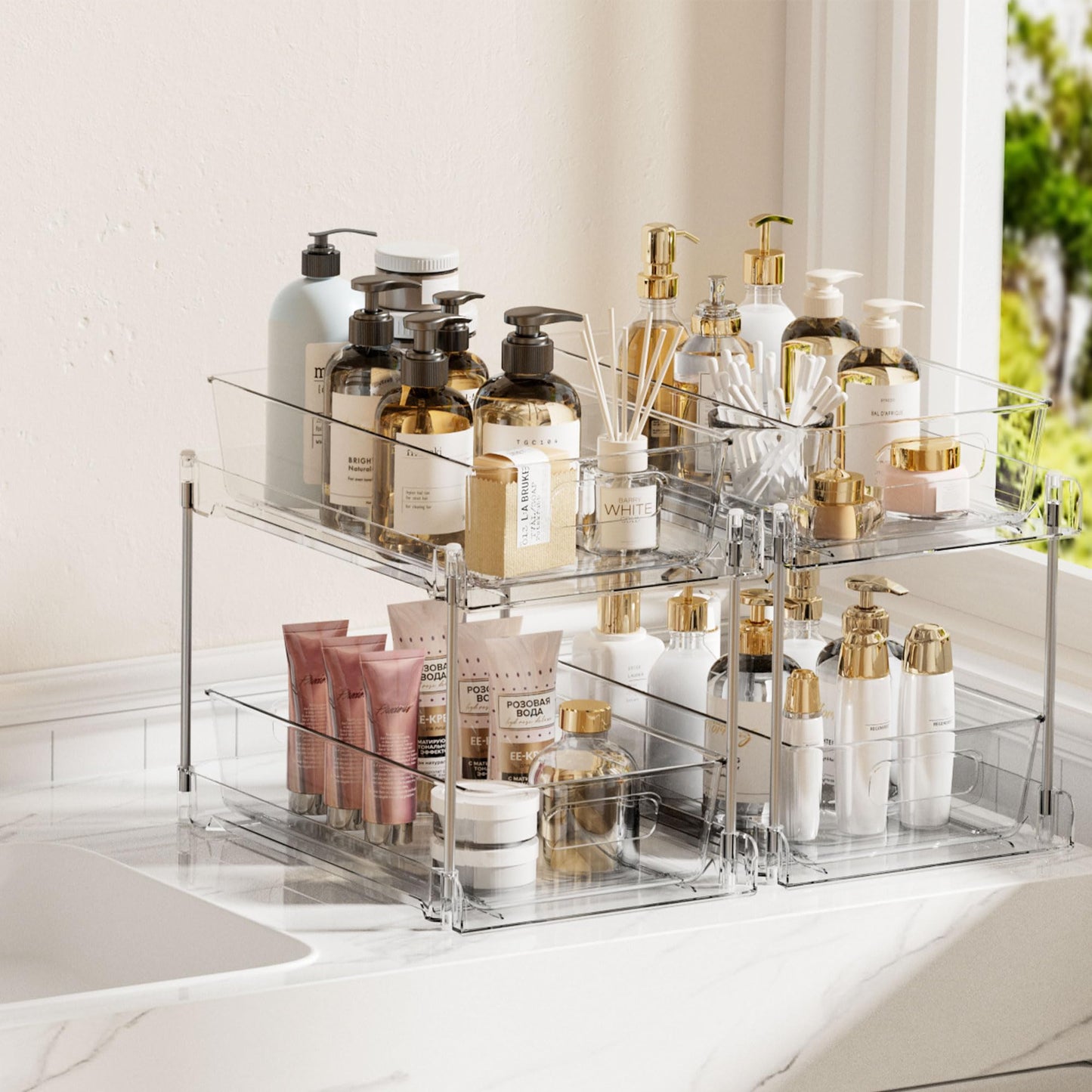 Vtopmart 2 Tier Bathroom Storage Organizer, 2 Pack Clear Under Sink Organizers Vanity Counter Container, Cabinet Drawers Bins, Pull-Out Organization with Track for Pantry, Kitchen