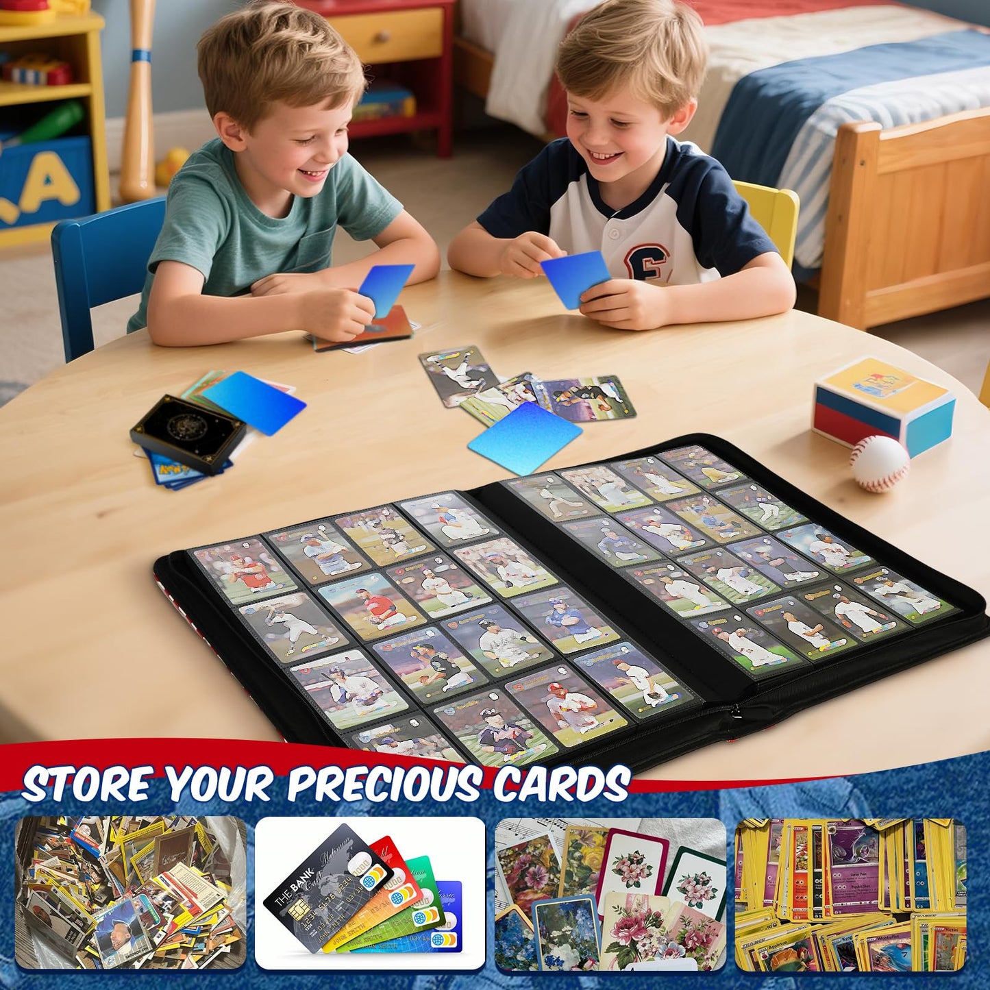 Baseball Card Binder 16 Pocket, Premium 1000+ Cards PU Cover Trading Sports Card Binder Side Loading Card Holder Collection Album Folders