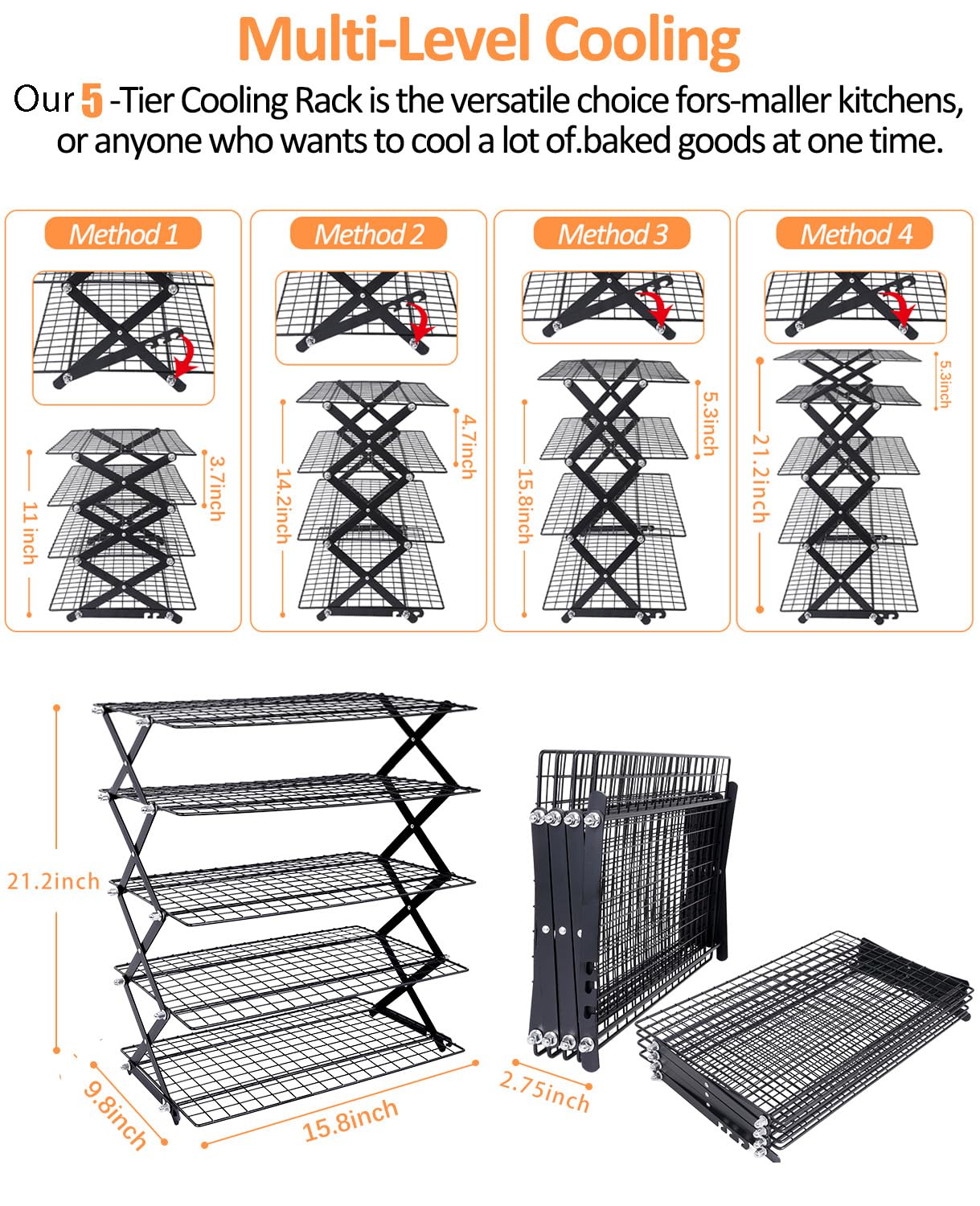 5 Tier Collapsible Cooling Rack, 2/3/4/5-Tier Upgraded,Adjustable ＆ Stackable Baking Rack, 5 Modes Cooling Racks for Cooking and Baking, Roasting ＆ Grilling Gifts for Picnic Party