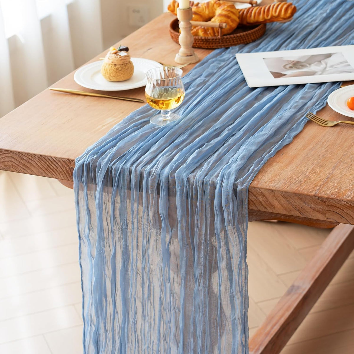 FEXIA Dusty Blue Cheesecloth Table Runner Boy Baby Shower Wedding Decorations Spring Gauze Table Runner for Bridal Shower Party Winter Wonderland Decoration 35x120 Inches