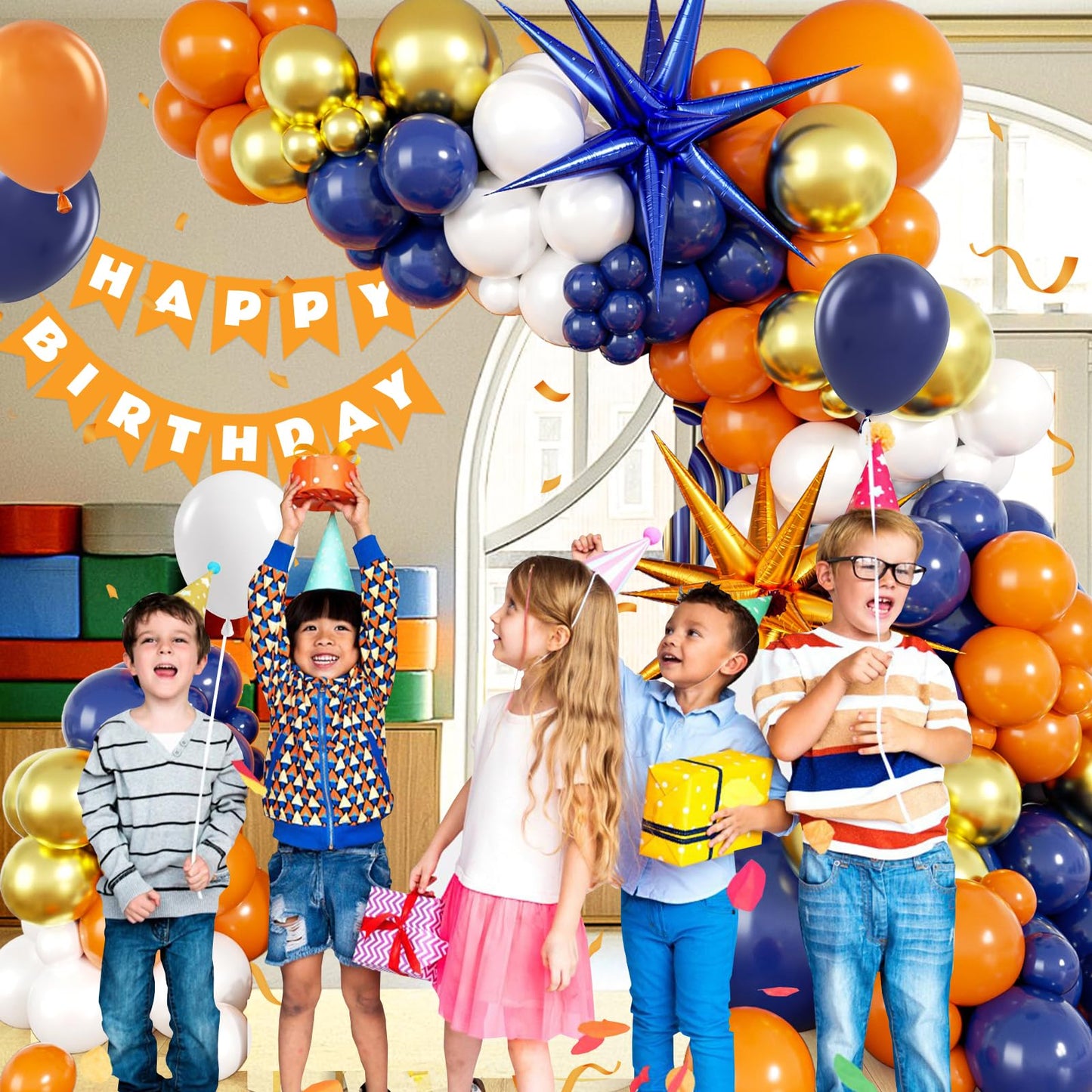 132pcs Blue and Orange Balloon Arch Garland Kit with Navy Blue Orange White Metallic Gold Balloons Foil Balloon for Birthday Party Decorations