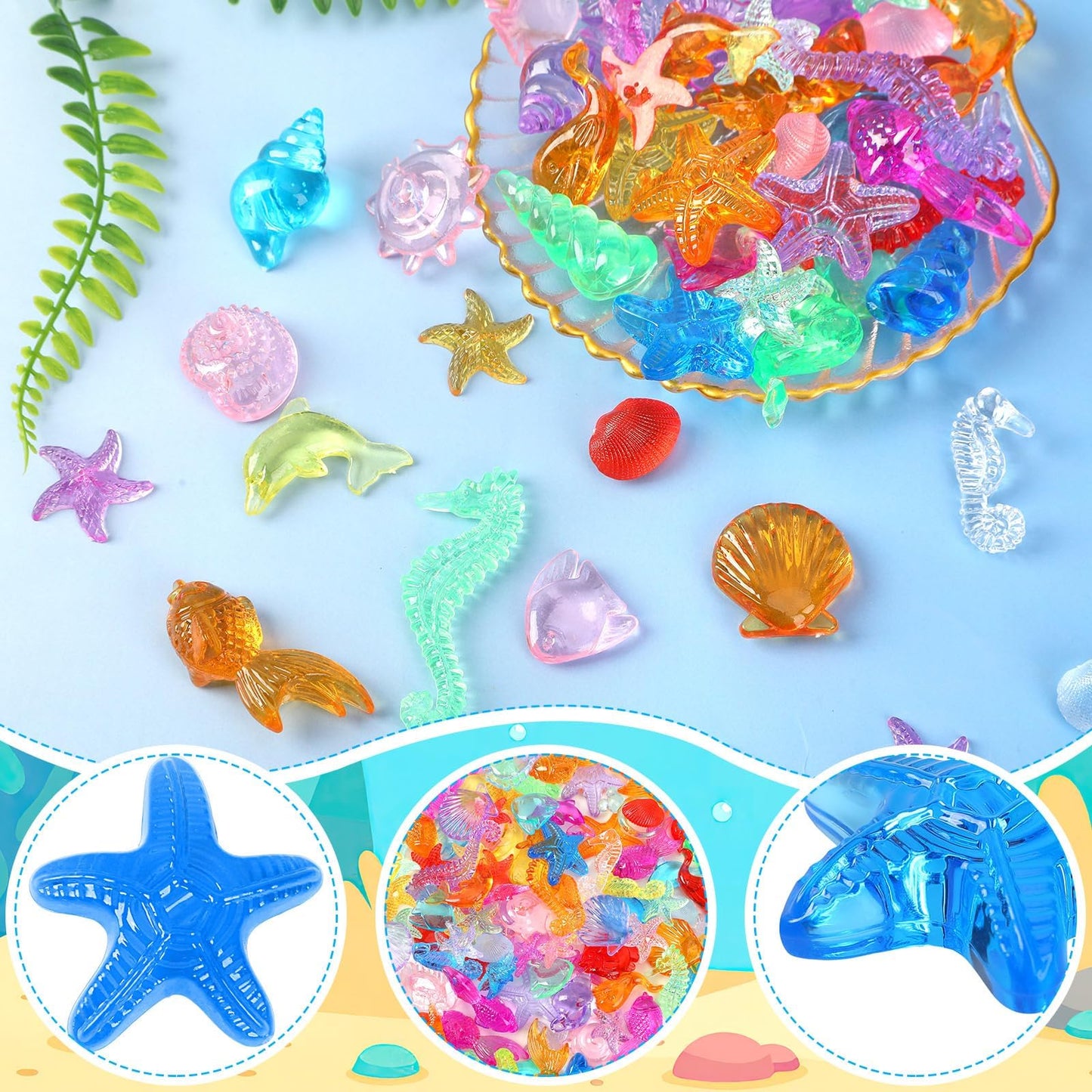 120 Pcs Acrylic Sea Shell Decorations, Ocean Themed Sensory Bin Fillers 3D Gems for Table Scatter Vase Filler and Pool Treasure Hunt Games