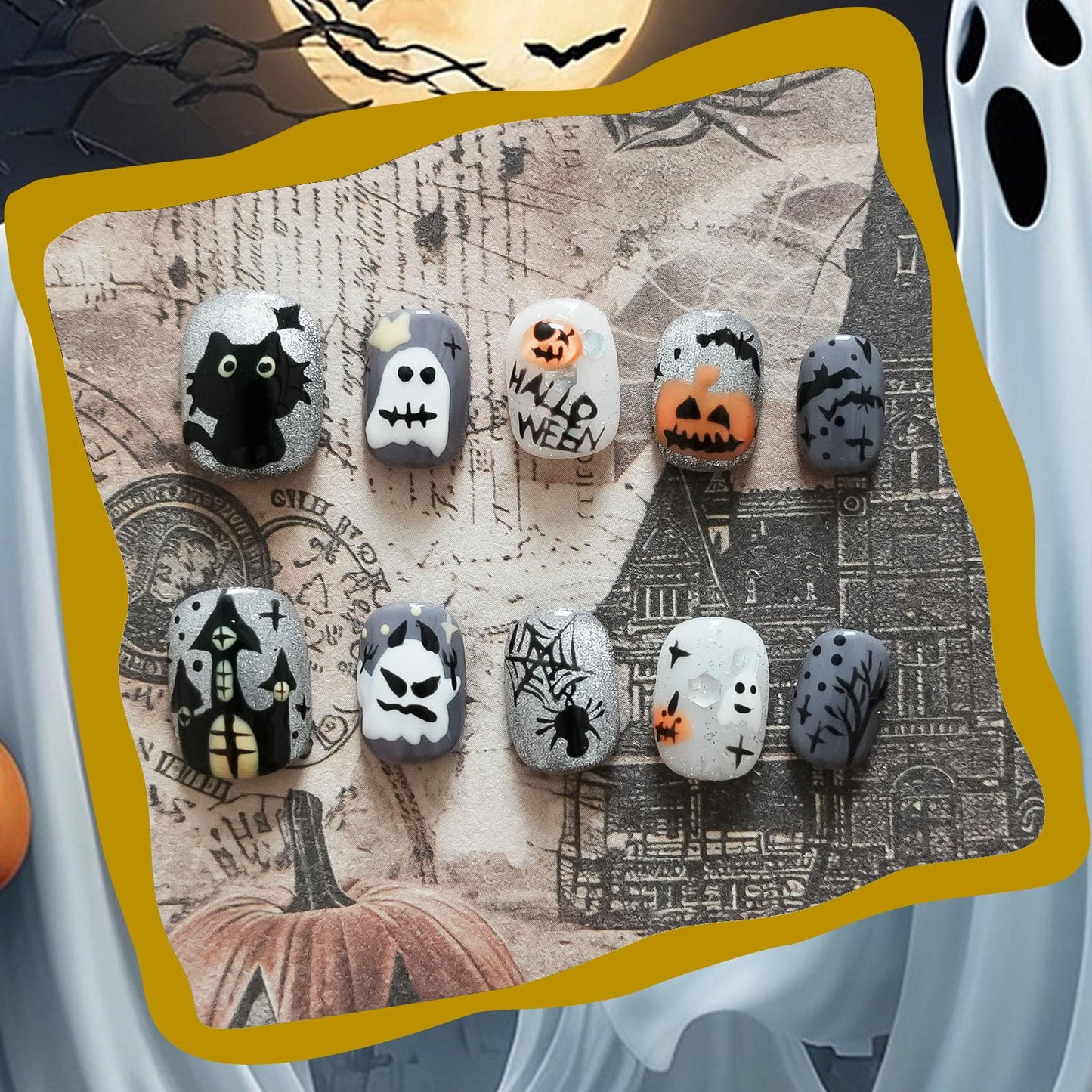 Handmade Goth Press on Nails Short Square - Glossy Grey 3D Ghost & Black Cat Design, Edgy Alt Style Fake Nails, Salon Quality Reusable Nails (Autumn Haunted Story,M)