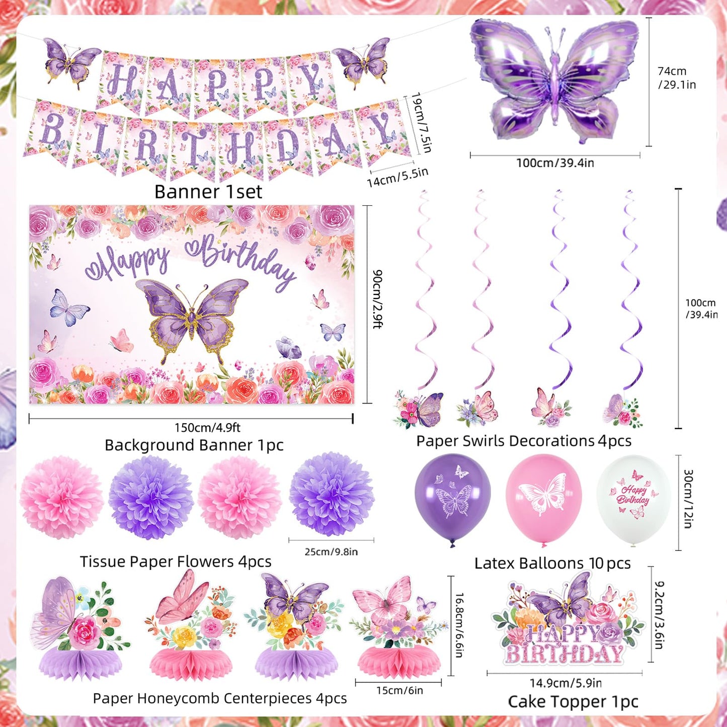 Roetyce Butterfly Decorations, 37PCS Happy Birthday Banner Balloons Honeycomb Centerpieces Cake Topper Kit, Purple and Pink Party Decorations