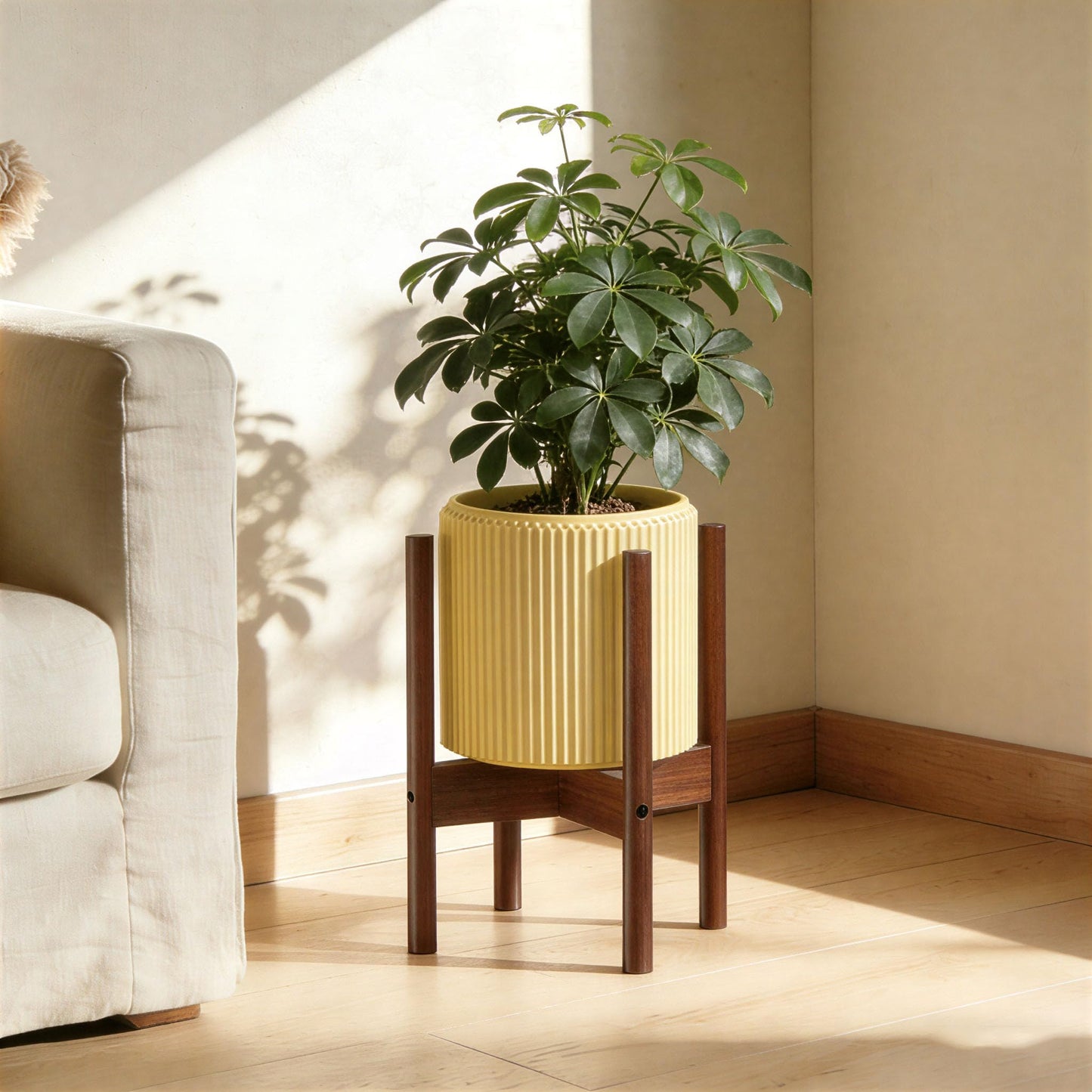 ALIGADO Bamboo Plant Stand Indoor, for Up to 10 Inch Pots, Built to Fit Corners, Sturdy & Stable Design, Walnut Finish