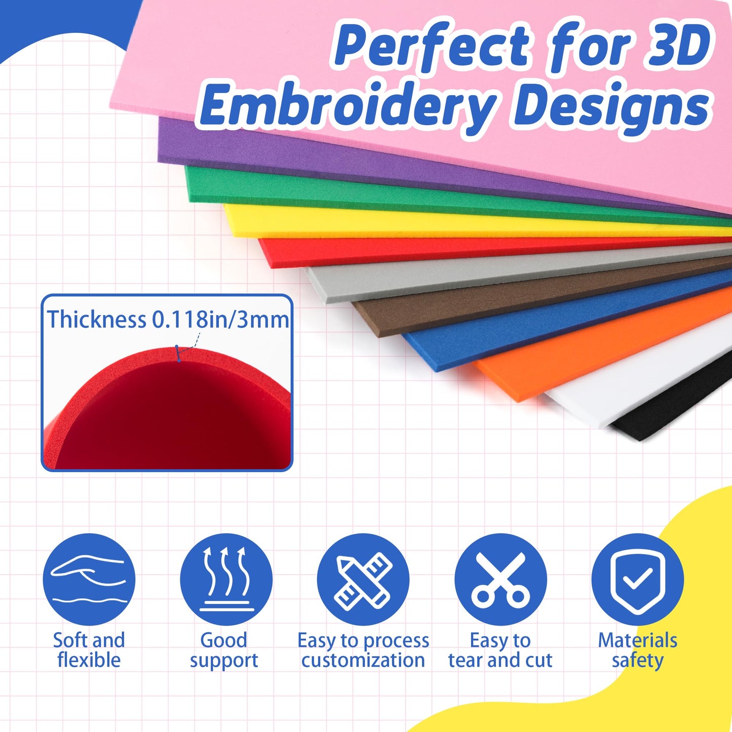Funria 24Pcs 3mm Embroidery Foam 6" x 9" Puffy Foam for 3D Embroidery 11 Colors EVA Craft Foam Sheets for Cosplay Costume Sewing Hats Caps Garments Jackets Bags DIY Machine Embroidery