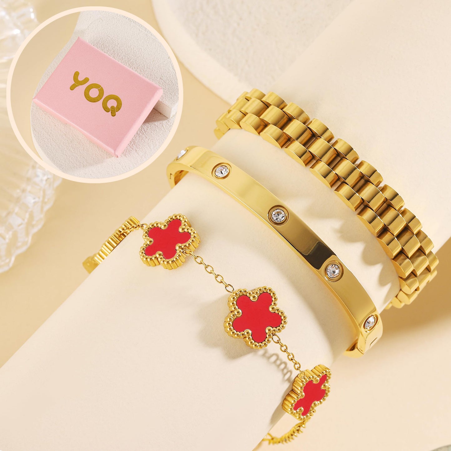 YOQ Stackable Four Leaf Clover Bracelets for Women, 18K Gold Plated Love Bangle Bracelets Set, 3 Pcs Charm Jewelry Gifts (Red)