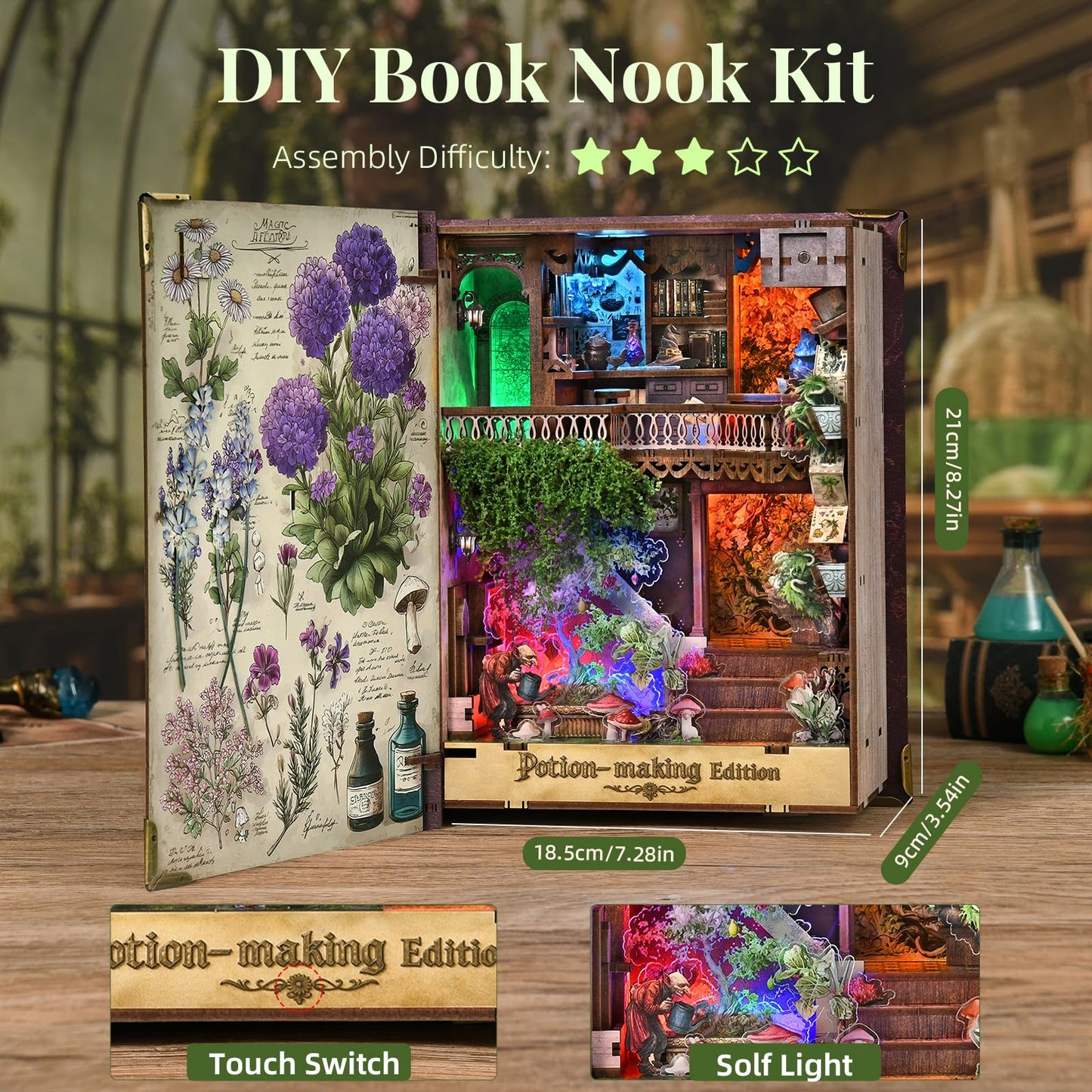 MiniCity Book Nook Kit,Tiny House Kits to Build to Live in,DIY Wooden Crafts for Adults, Mini Model Kits with LED, Birthday and Valentine's Day Gift for Adults (Potion-Making Edition)