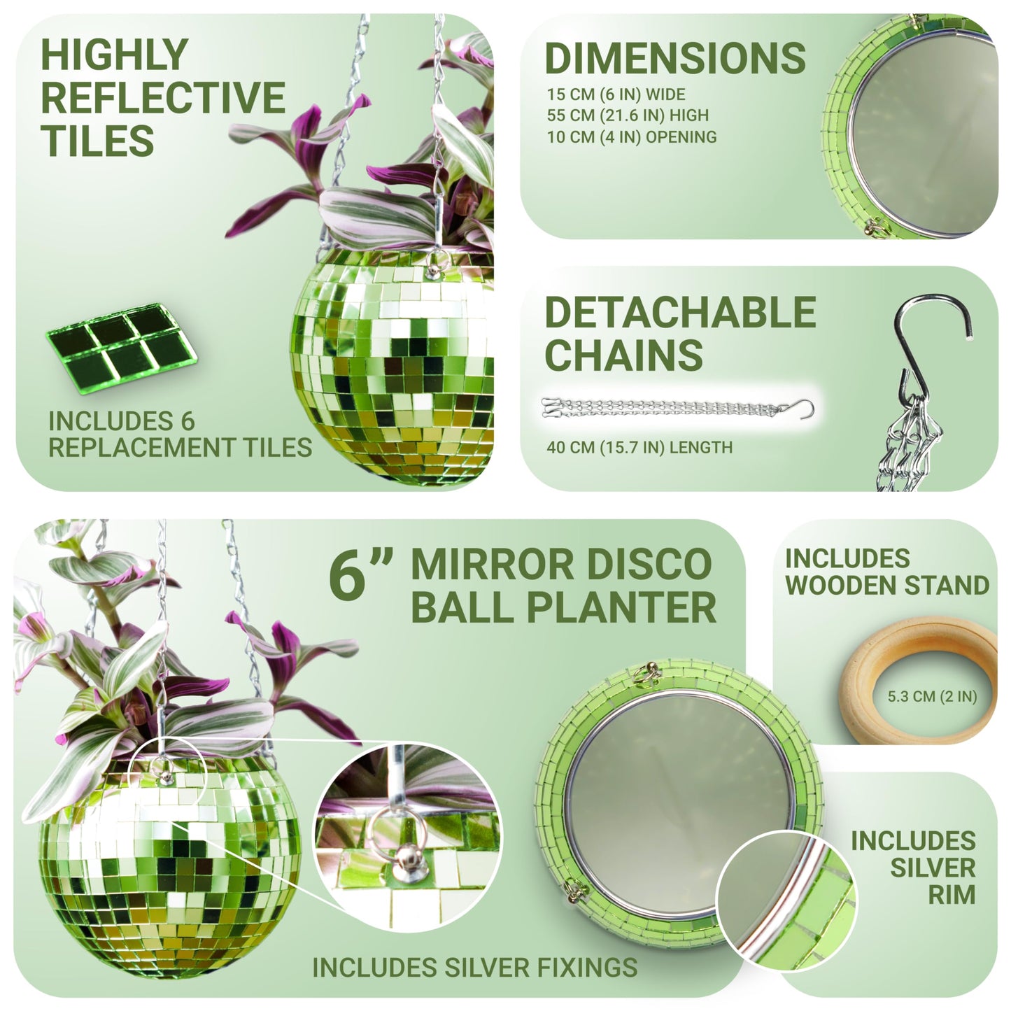Bubblegum Stuff - Green Disco Ball Hanging Planter - 6 Inches - Hanging Planters - Indoor Plants - Available in Multiple Different Sizes - Great Gift for Plant Lovers!