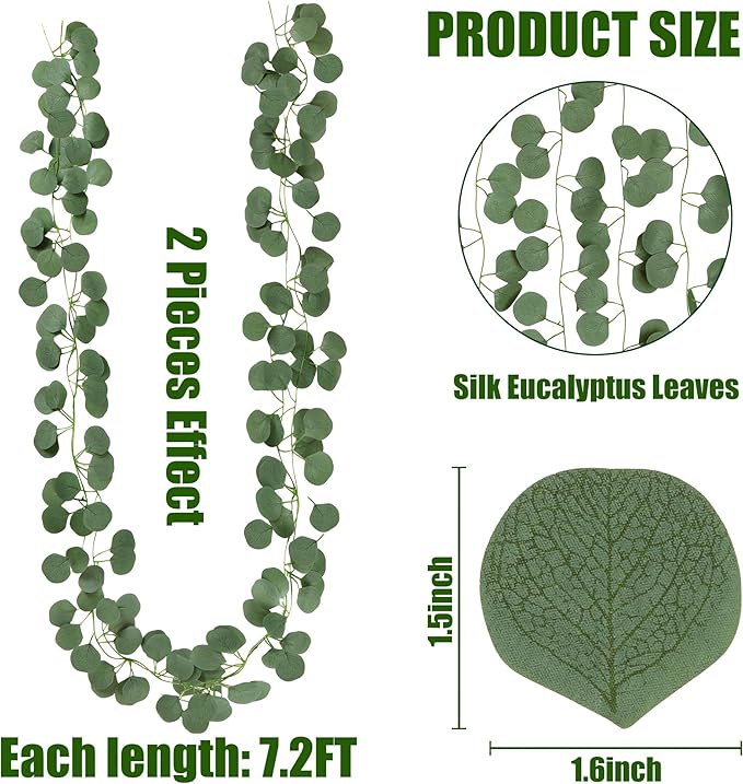 Sggvecsy 16Pcs Artificial Eucalyptus Garland Greenery Leaves Silk Vines Silver Dollar Leaves Faux Leaf Plants for Wedding Wall Table Party Home Fireplace Bedroom Decor