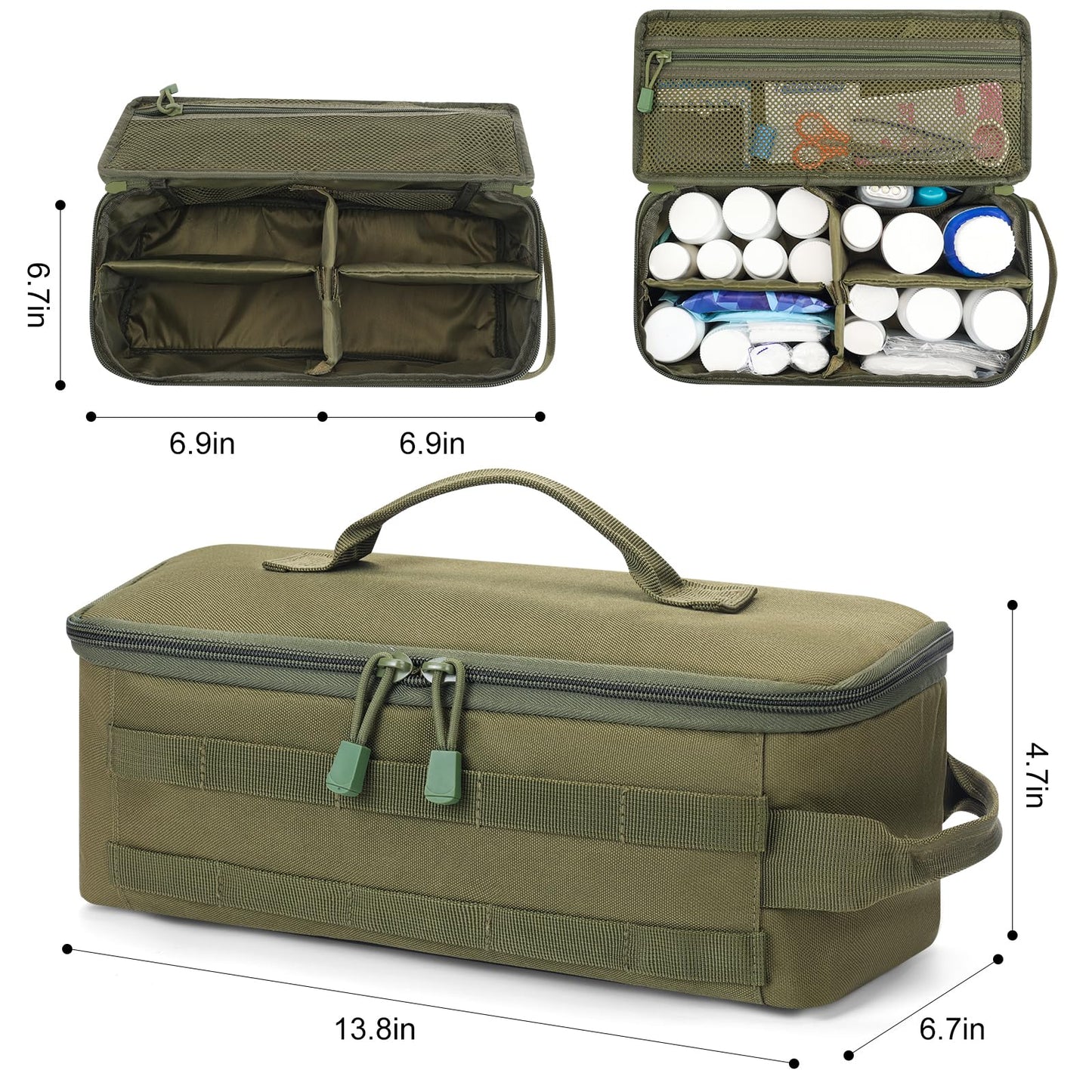 QISVVE First Aid Bag Empty Pill Box Organizer,Tactical Medical Bag Case,Portable EDC Travel Medicine Pill Bottle Organizer (Green)