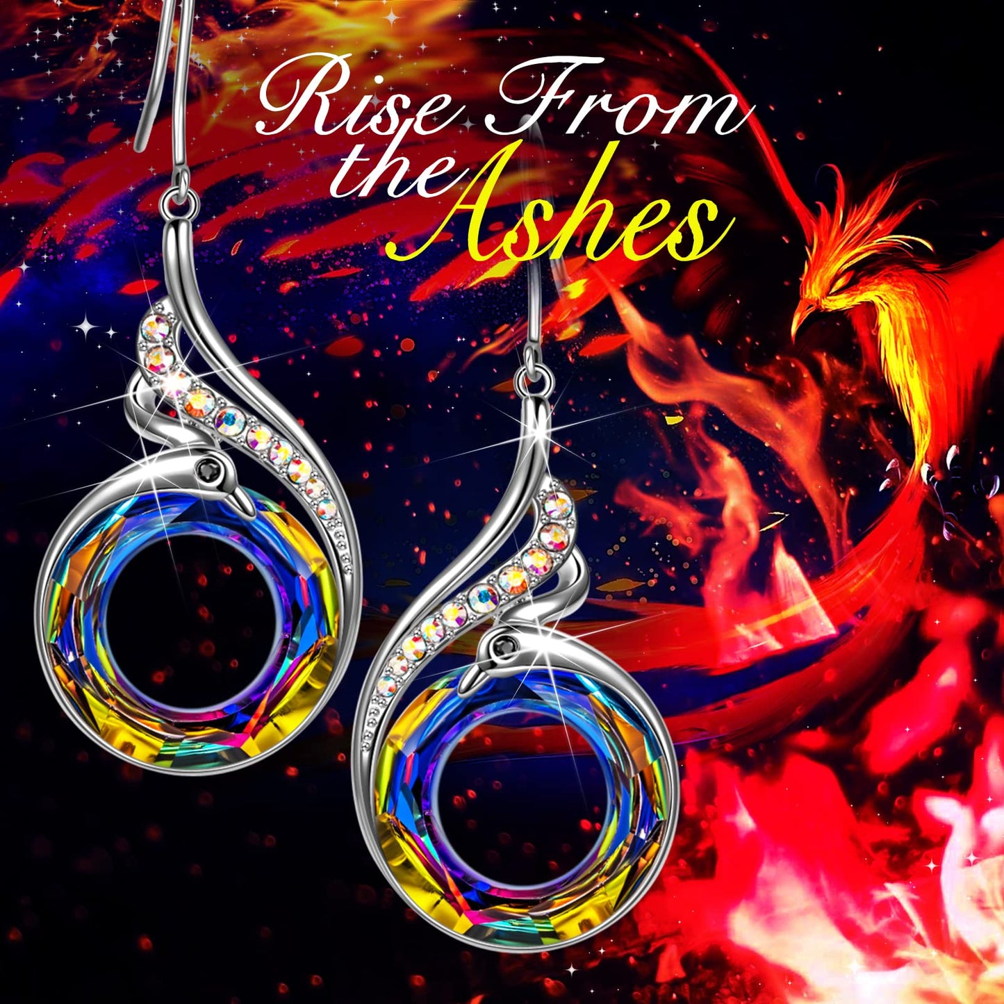 Kate Lynn "Rise From the Ashes" Phoenix Earrings, Sterling Silver Dangle Earrings with Crystals from Austria, Birthday Gift with Jewelry Box, Symbol of Luck and Renewal (Sterling Silver Volcano)