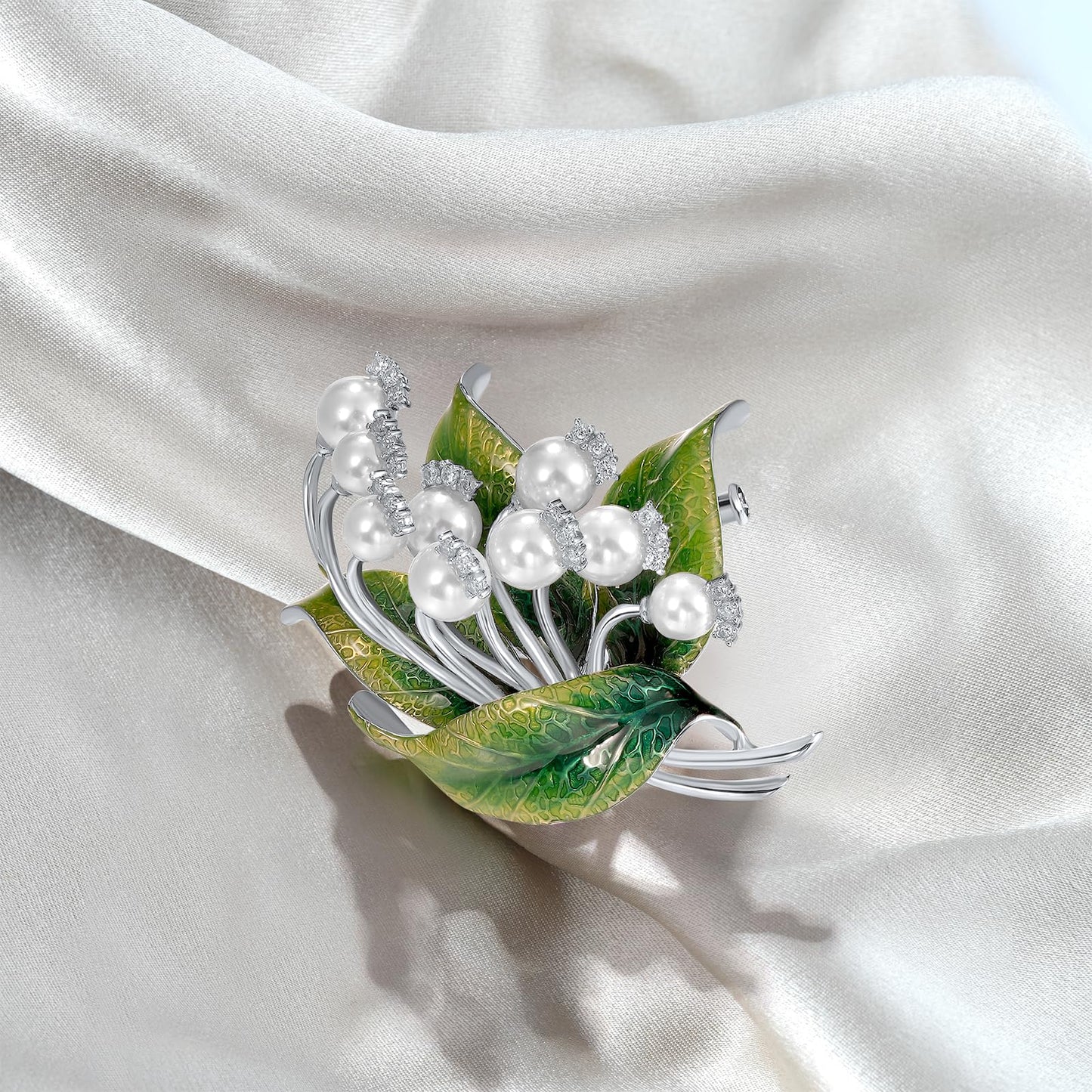 Santuzza Convallaria Brooch 925 Sterling Silver Crystal Pearl Cubic Zirconia Enamel White Flower Brooch Pin for Women