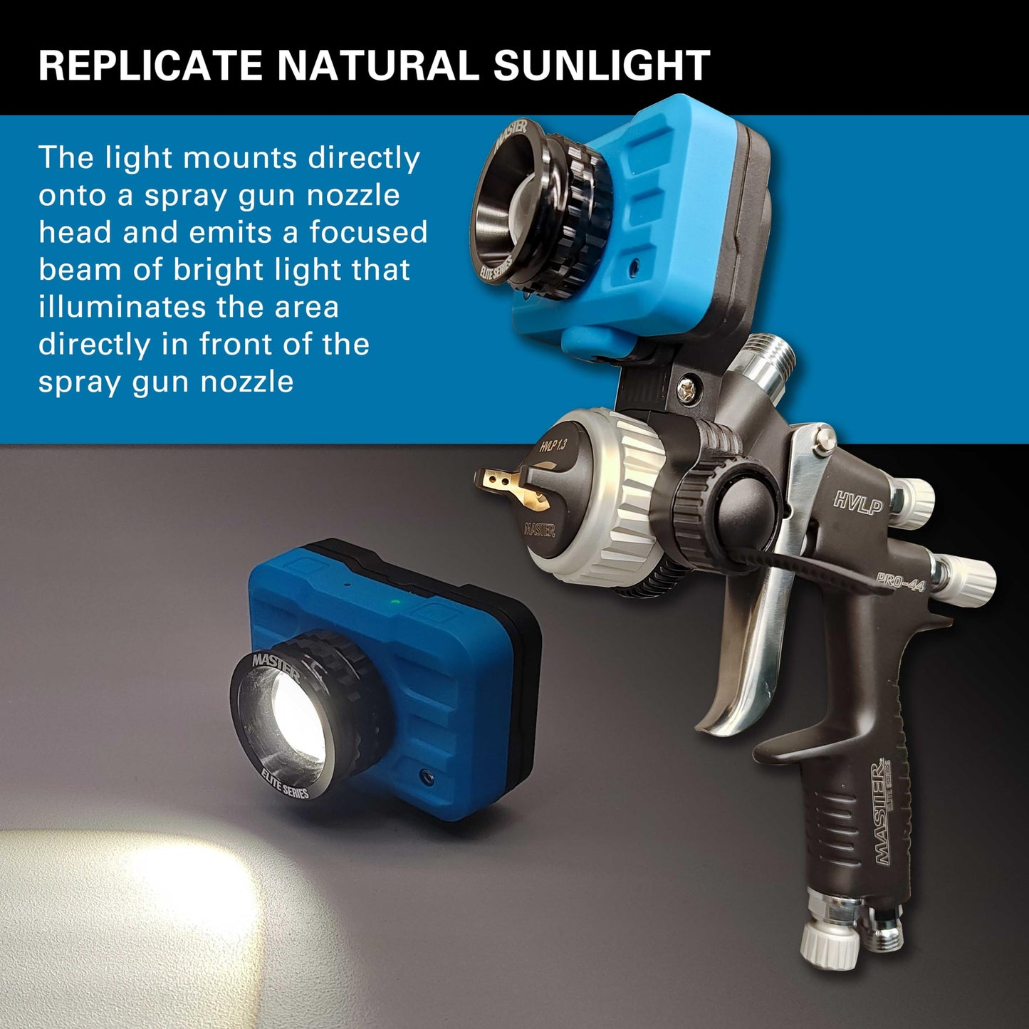 Master Elite Rechargeable Spray Gun Mount Color Match Light, 500 Lumen LED, CRI 95+ - Replicates Natural Sunlight, Illuminates Paint Surface Sprayed, Ensures Even Coverage - Automotive Repair Coating