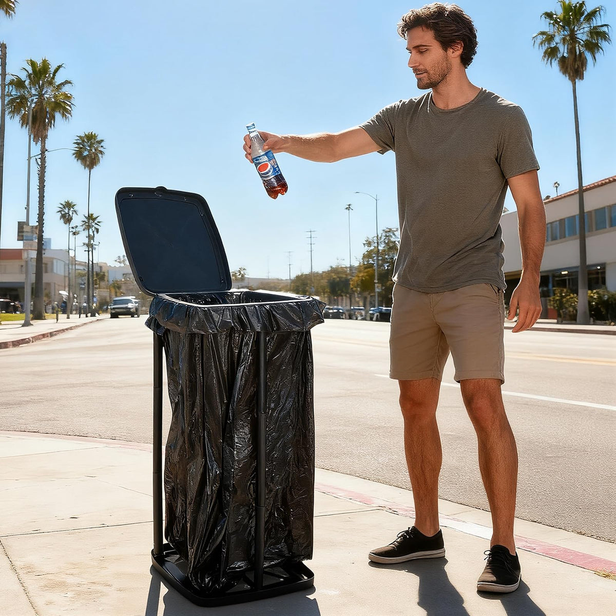 Portable Trash Bag Holder Collapsible Garbage Bin with Lid and Bands