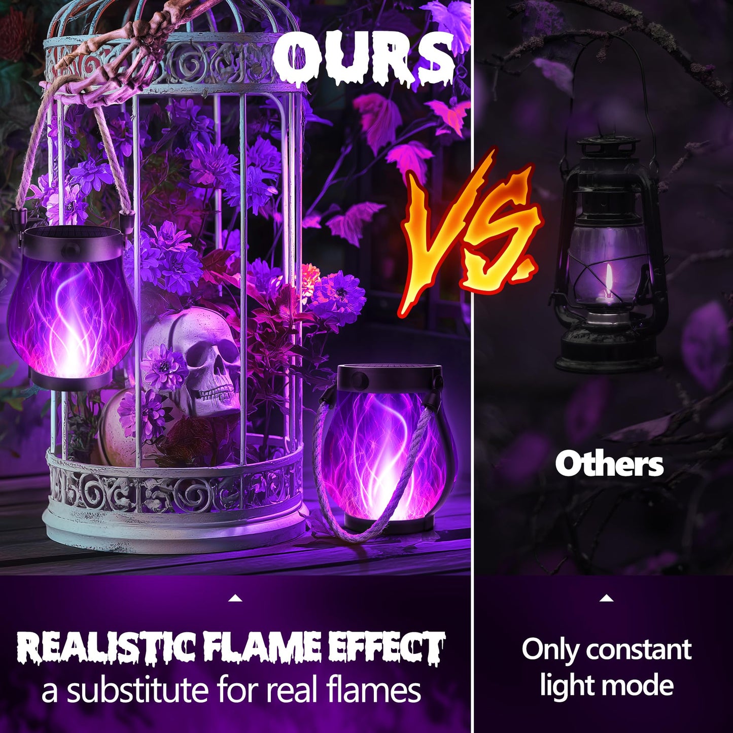 iBaycon 2 Pack Solar Lanterns Lights, Halloween Flickering Flame Garden Lights with 2 Modes Dual Charging USB & Solar, Outdoor Waterproof Hanging Lantern for Party Holiday Halloween Decor (Purple)