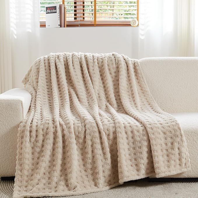 NEWCOSPLAY Super Soft Queen Blanket Linen Premium Silky Flannel Fleece 3D Waffle Checkered Lightweight Bed Blanket All Season Use (Linen, Queen(90"x90"))