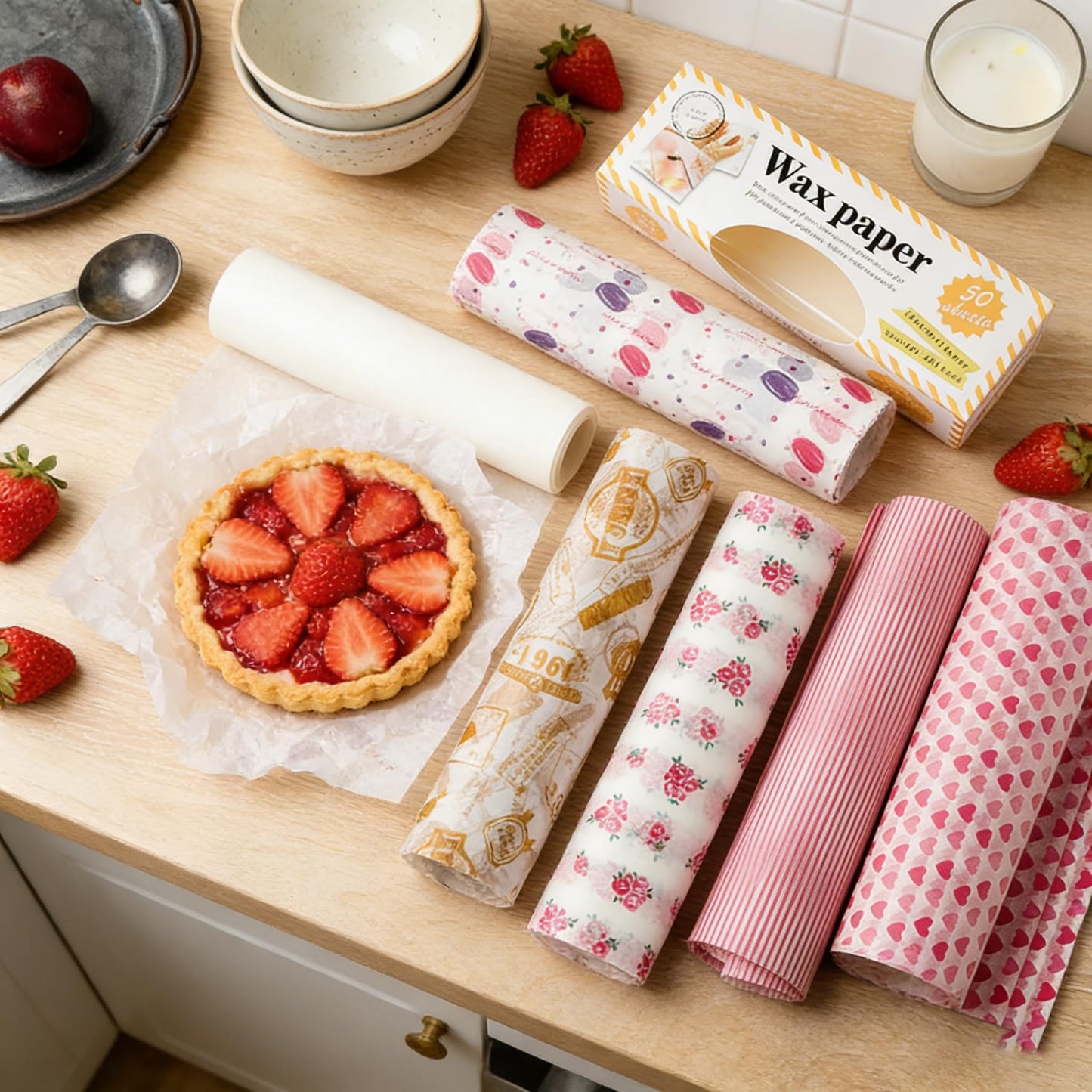 5 Boxes 250 Sheets Wax Paper Sheets Heart & Rose & Line Pattern Greaseproof Basket Liners Sandwich Burger Chips Cookies Food Grade Deli Wrap Paper Baking Parchment 8.5 x 9.8 in