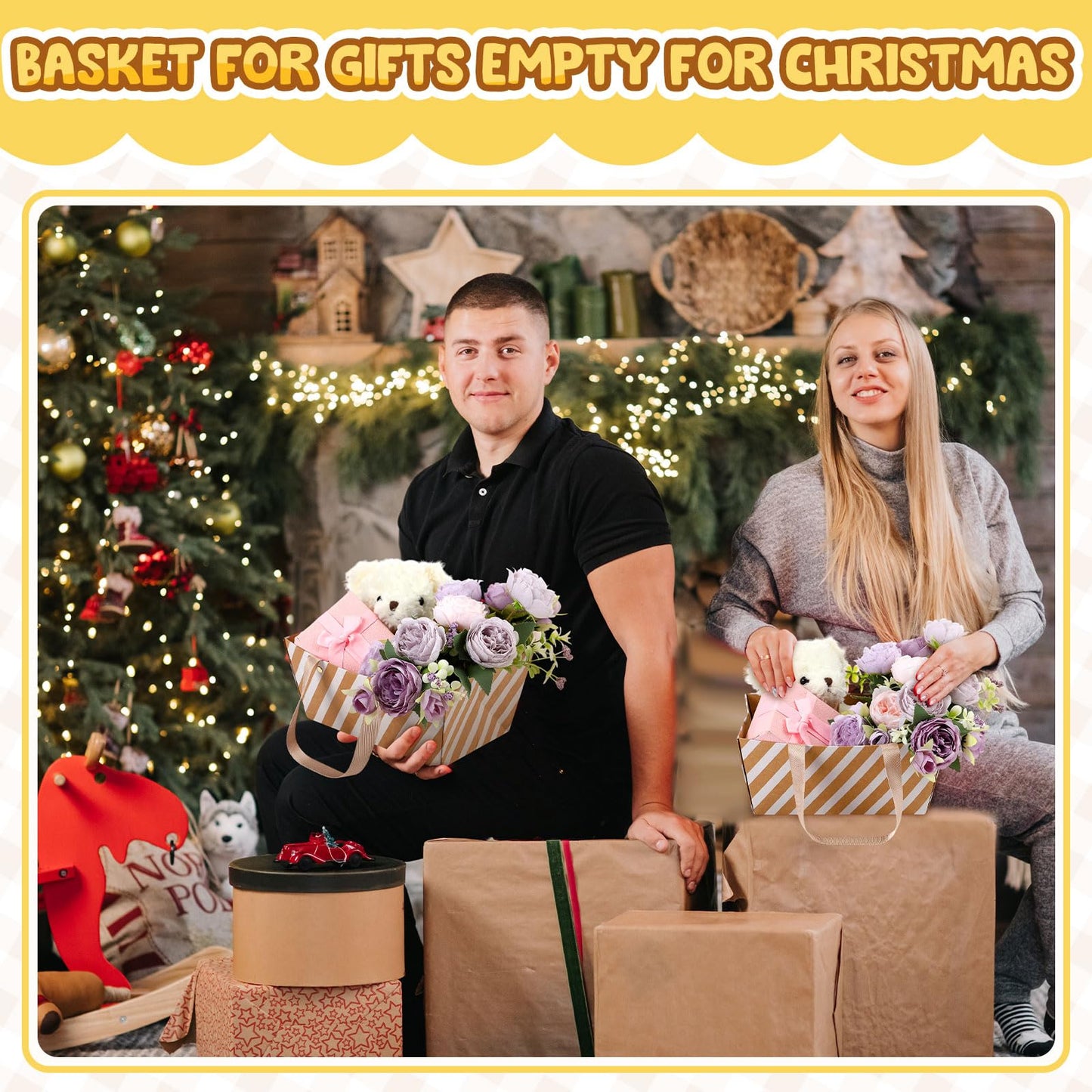 Pinkunn 48 Pcs Basket for Gifts Empty DIY Bulk Party Gift Basket Kit with Handles Market Trays for Packages Wrapping Wedding Party Anniversary Display(Stripes)