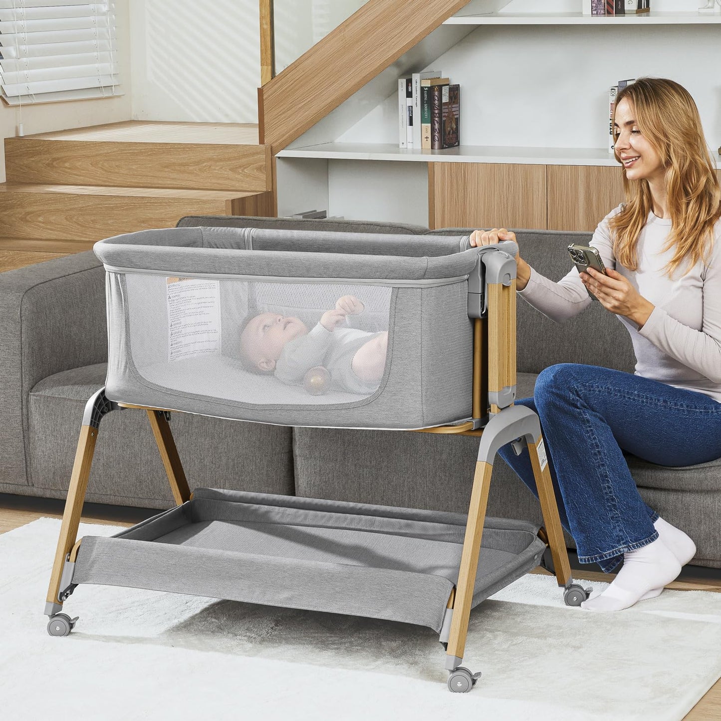 Jimglo 3 in 1 Baby Bassinet, Rocking Bassinets with Comfy Mattress and Wheels, Adjustable Height Bassinet Bedside Sleeper, Easy Folding Portable Crib for Newborn (Grey)