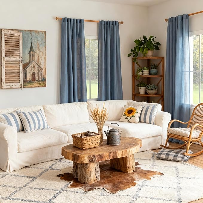 MYSKY HOME Living Room Curtains 90 Inches Long Farmhouse Light Filtering Privacy Curtain Drapes for Patio Door, Linen Look Texture Fabric Bohemian Draperies Soft Touch, 50x90, Dusty Blue, 2 Pieces