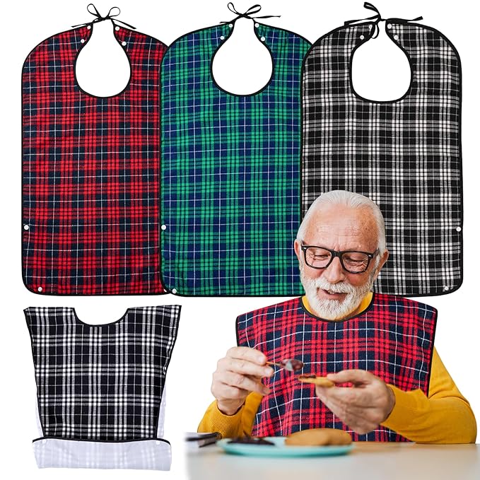 XKDOUS 3 Pack Adult Bibs for Men & Seniors, Reusable & Waterproof Clothing Protector with Crumb Catcher Pocket for Eating, Feeding Bibs for Elderly Women Men, Ideal Senior Citizens Gifts